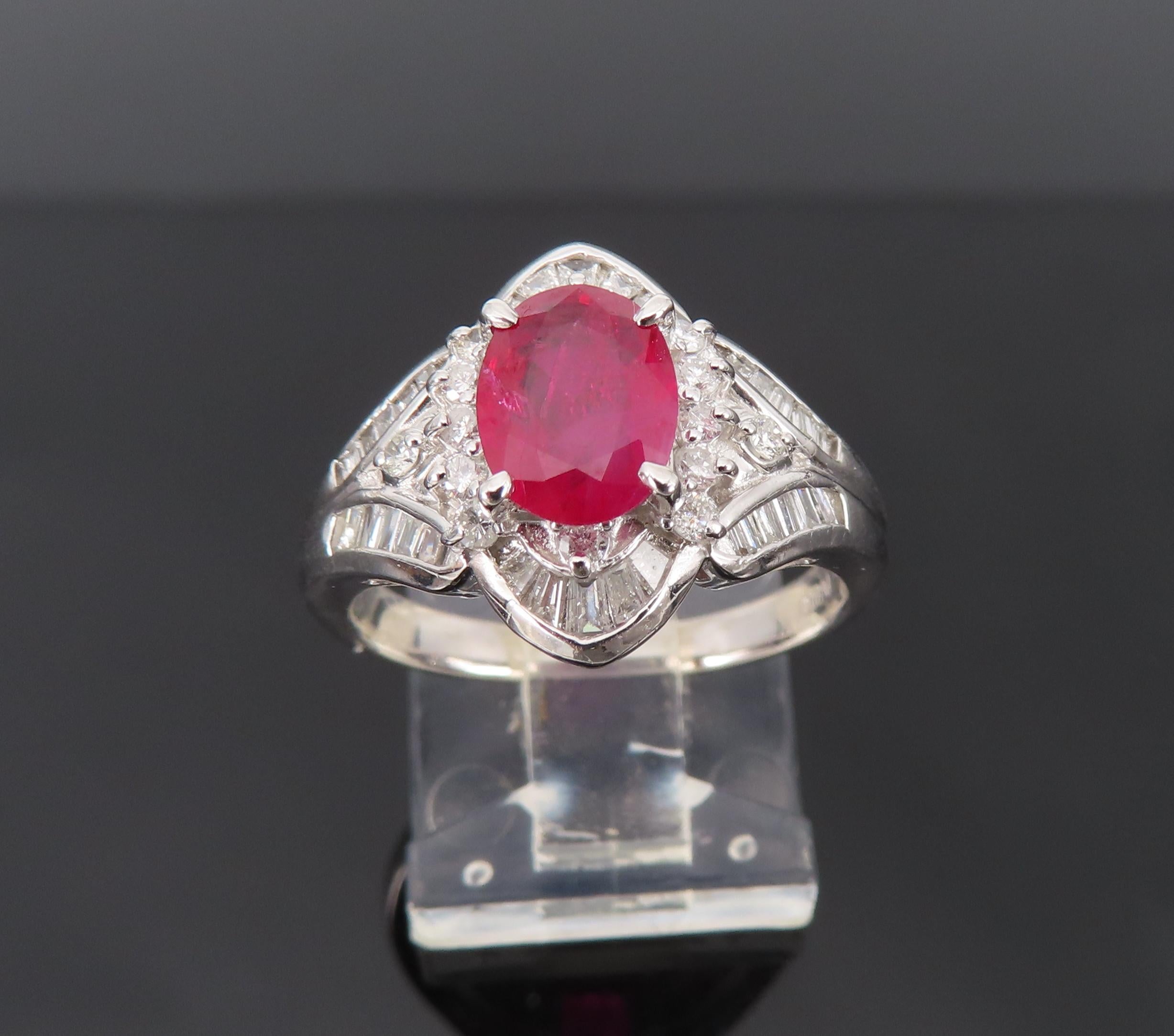 Vintage 1.17ct Vivid Red Ruby & 0.68ct Diamond Platinum Cocktail Ring Size 7