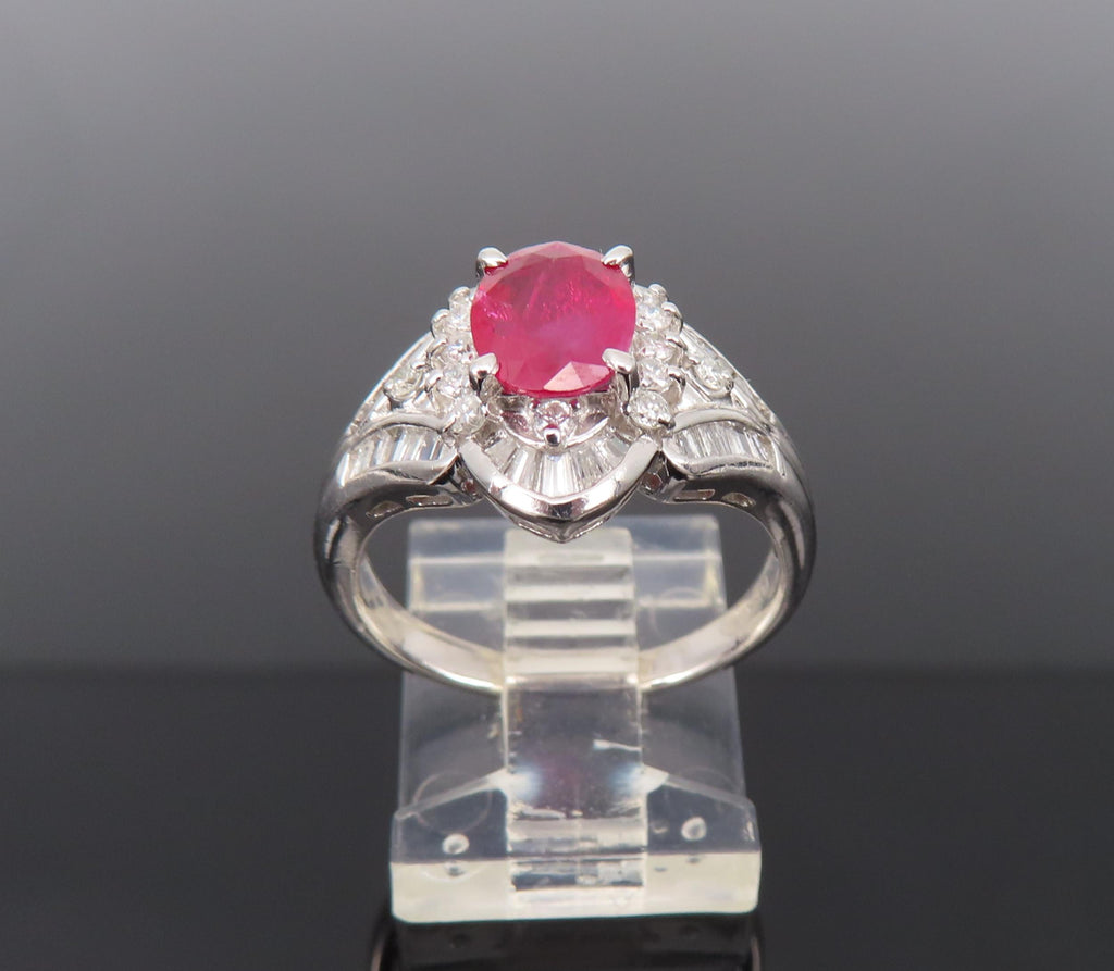 Vintage 1.17ct Vivid Red Ruby & 0.68ct Diamond Platinum Cocktail Ring Size 7