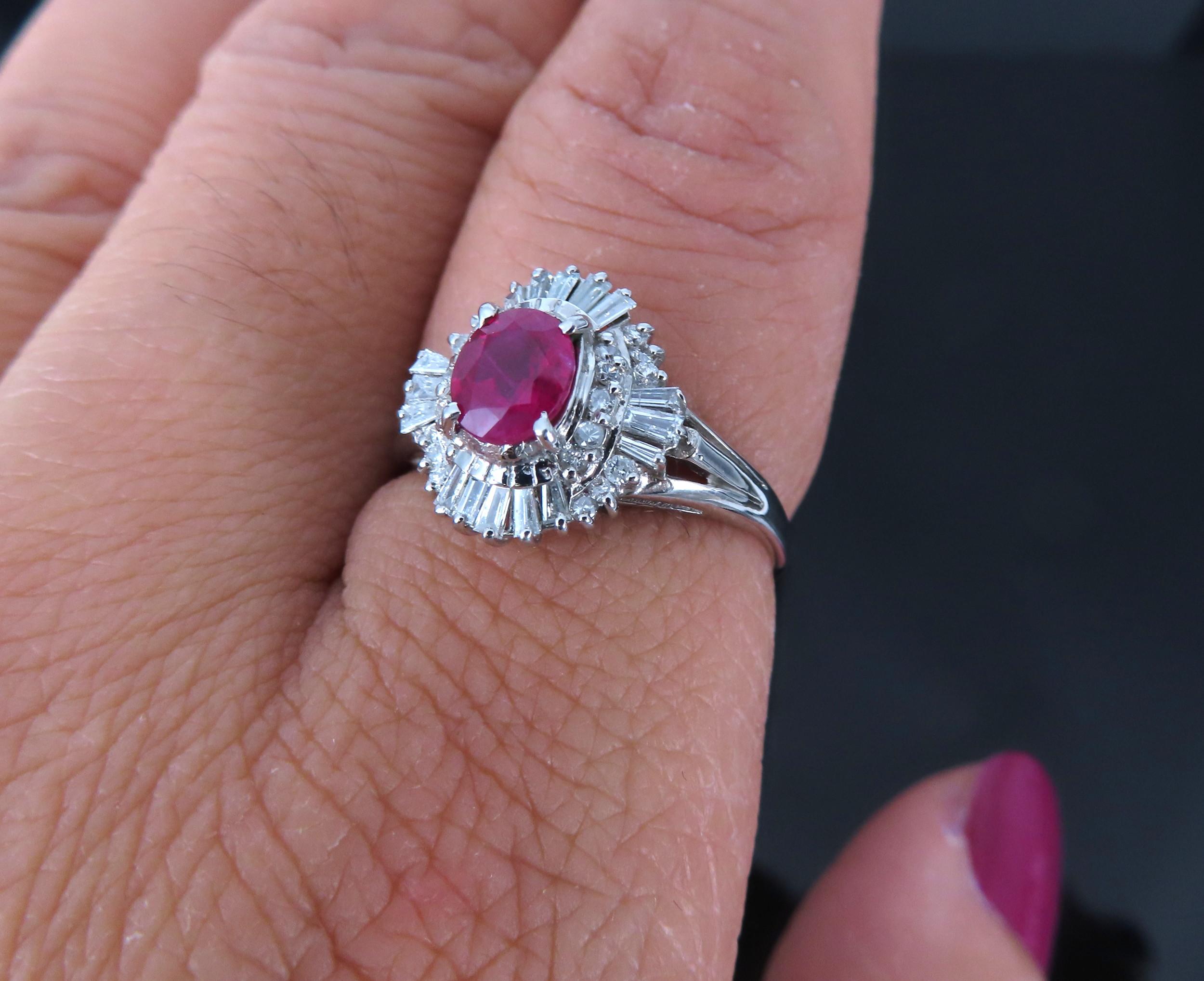 Fine 0.77ct Intense Red Ruby & 0.35ct Diamond Platinum Cocktail Ring Size 6.75