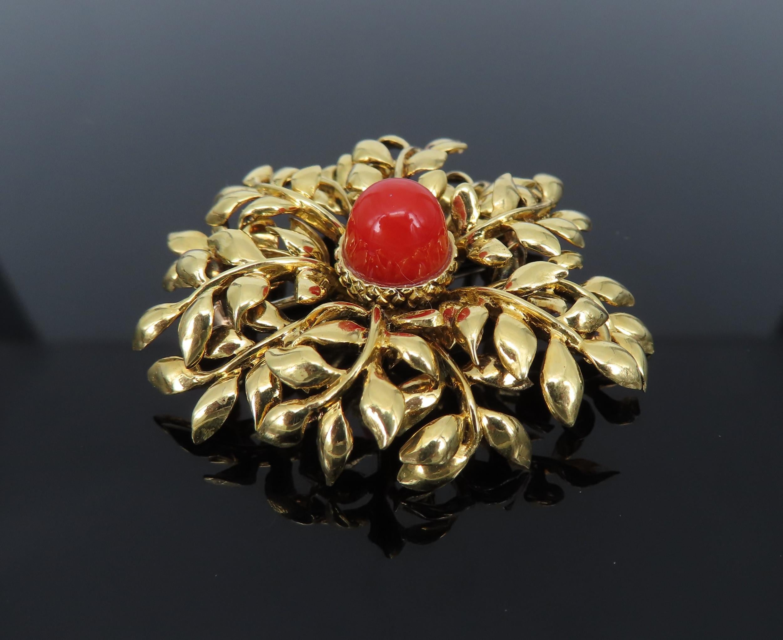 Vintage Tiffany & Co Italy Natural Ox Blood Coral 18K Yellow Gold Floral Brooch