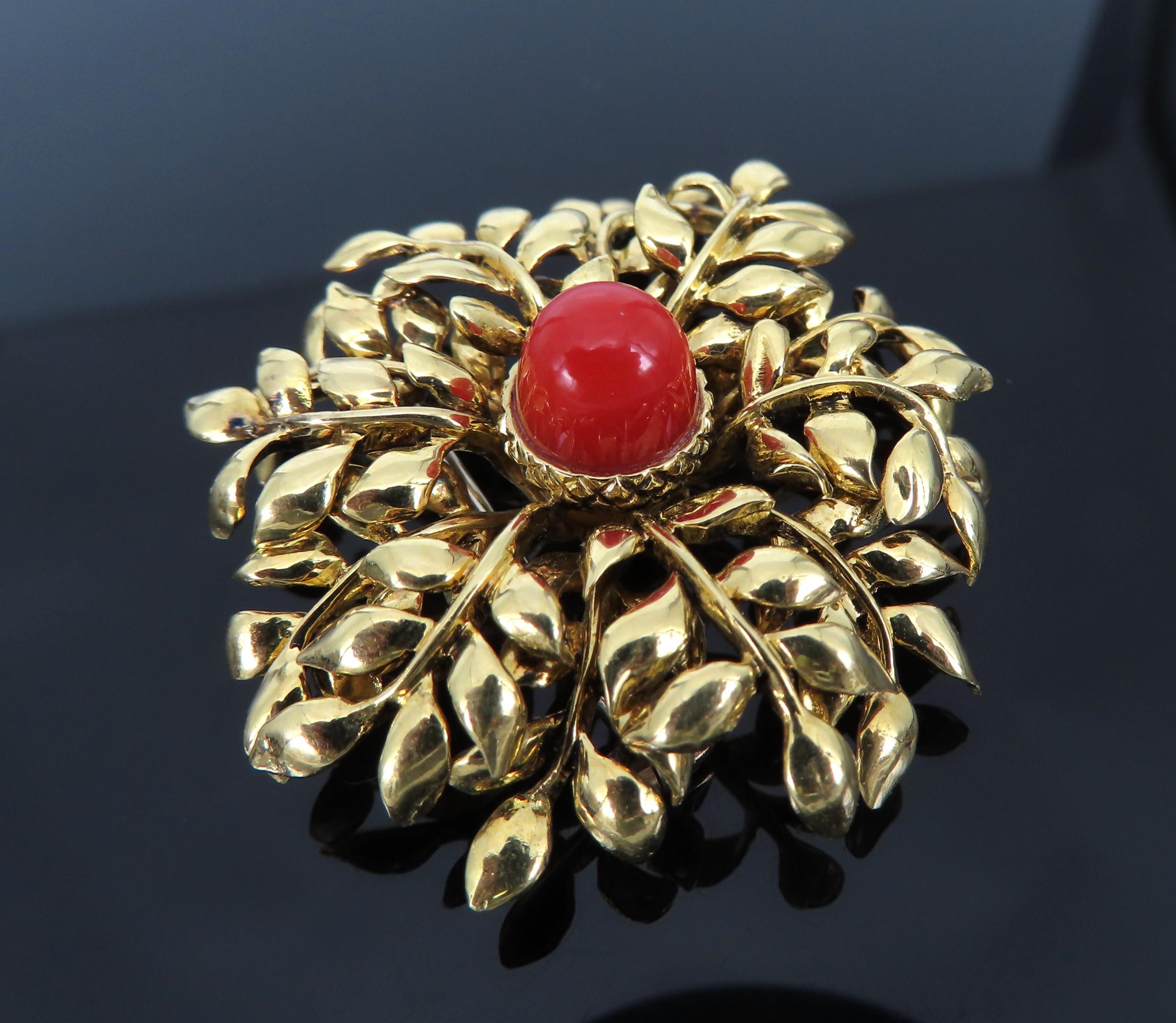 Vintage Tiffany & Co Italy Natural Ox Blood Coral 18K Yellow Gold Floral Brooch