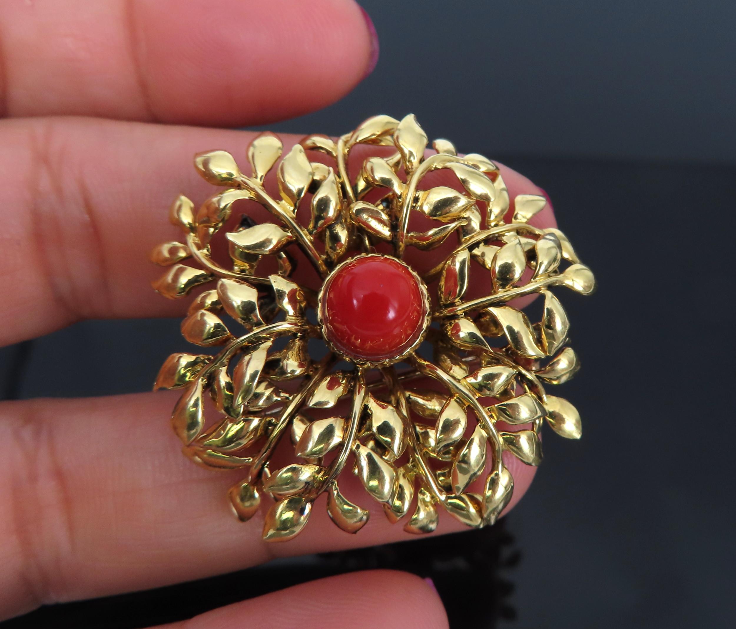 Vintage Tiffany & Co Italy Natural Ox Blood Coral 18K Yellow Gold Floral Brooch