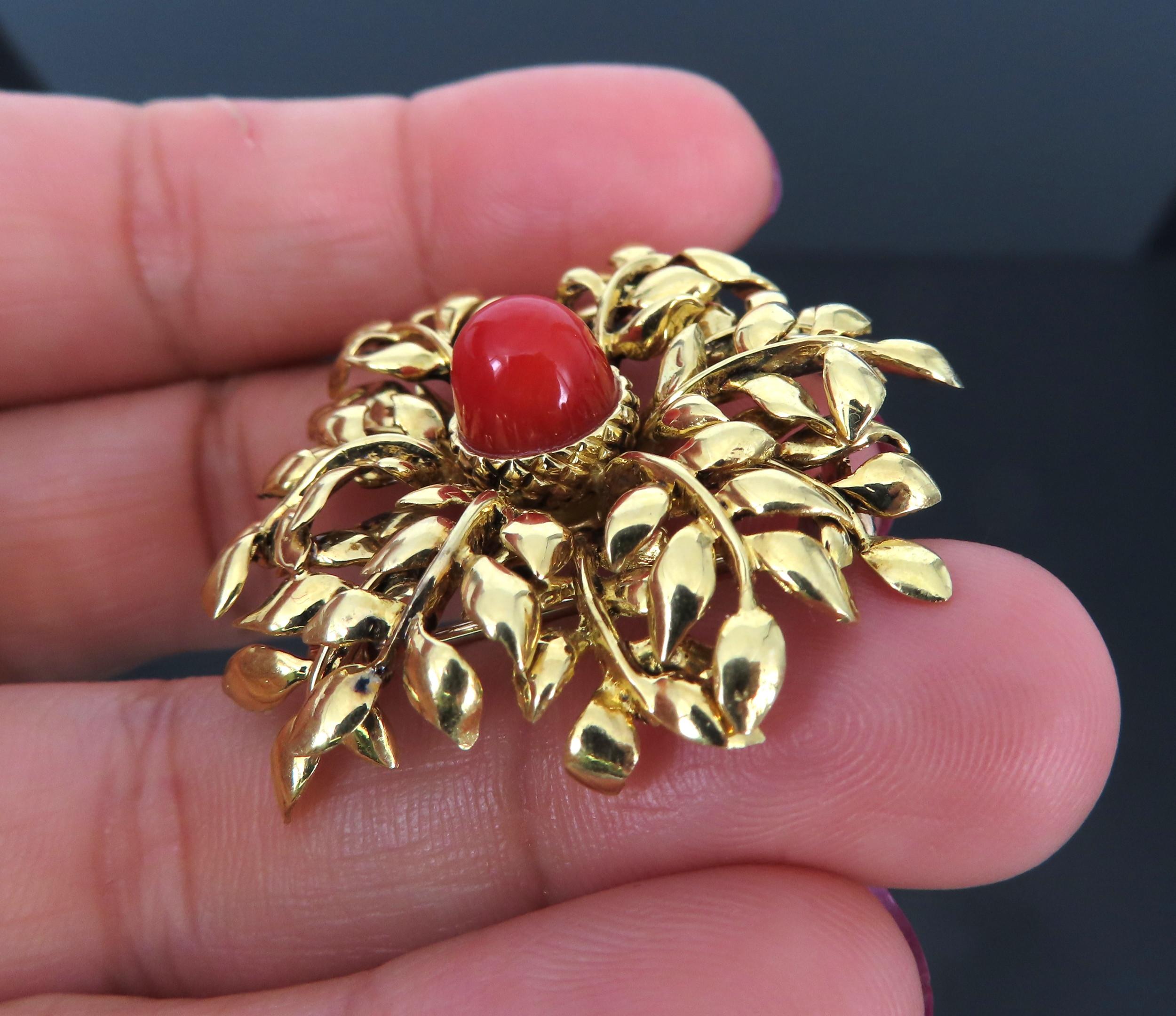 Vintage Tiffany & Co Italy Natural Ox Blood Coral 18K Yellow Gold Floral Brooch