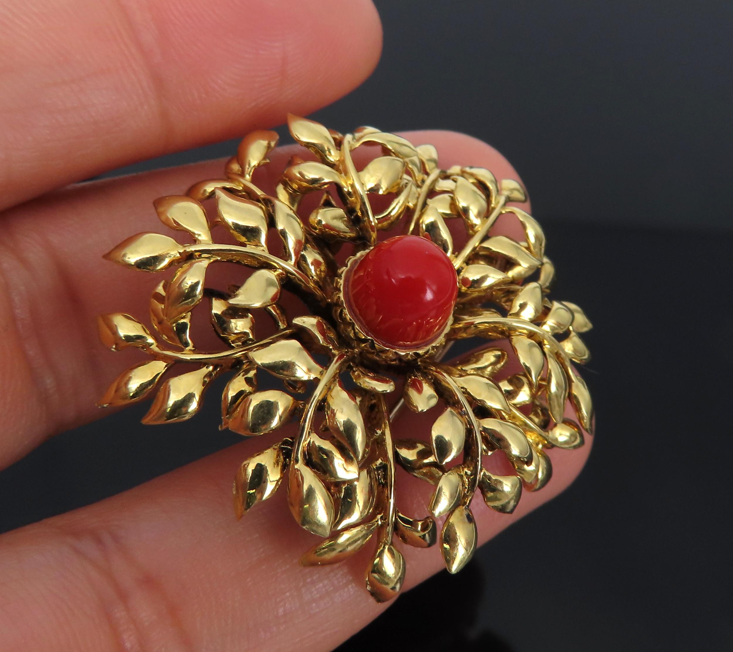 Vintage Tiffany & Co Italy Natural Ox Blood Coral 18K Yellow Gold Floral Brooch