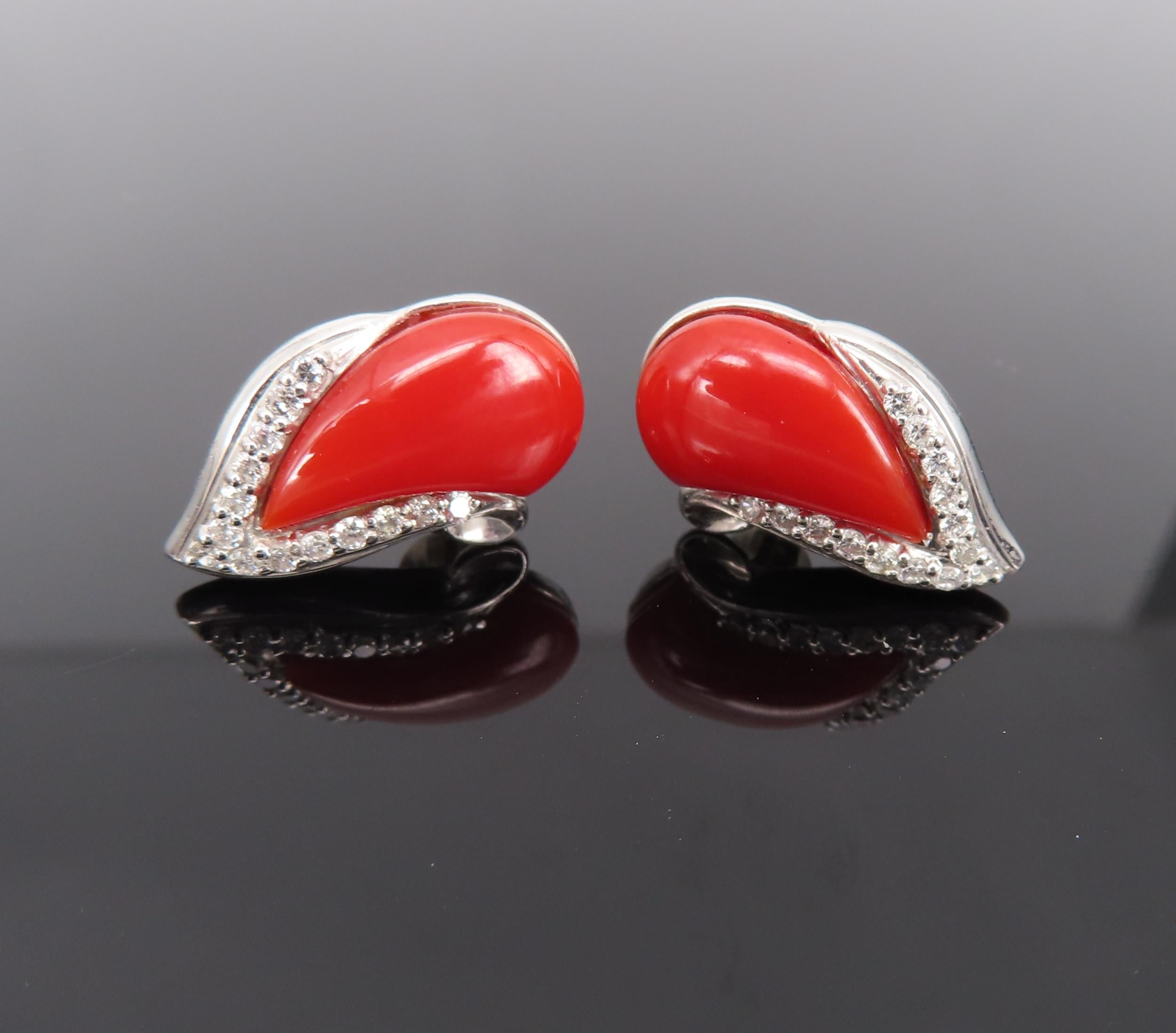 Vintage Natural Ox Blood Coral & 0.40ct Diamond 18K White Gold Flame Earrings