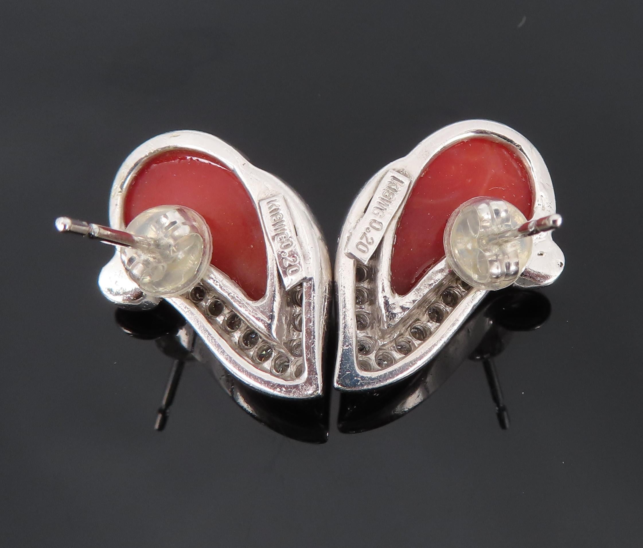 Vintage Natural Ox Blood Coral & 0.40ct Diamond 18K White Gold Flame Earrings