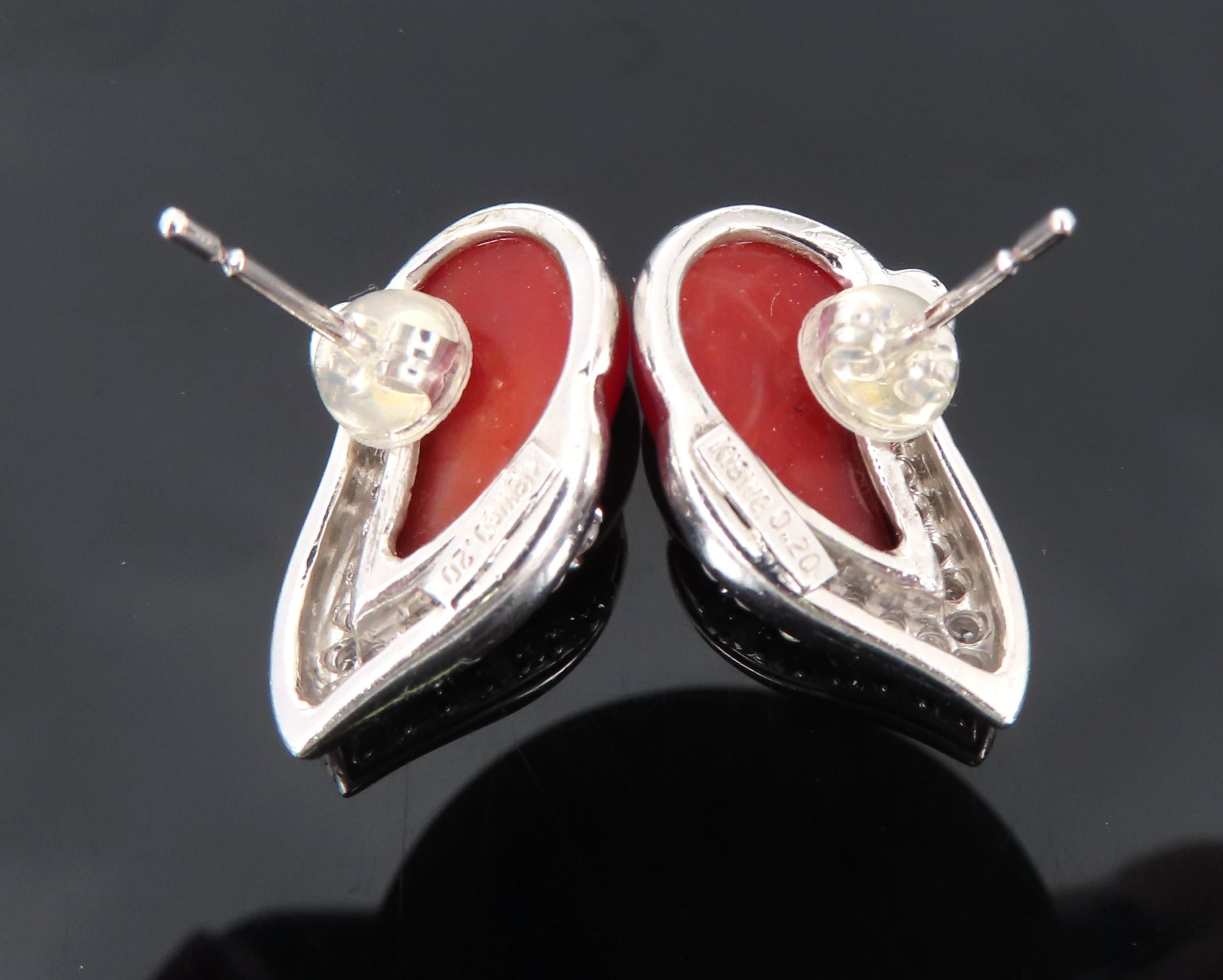 Vintage Natural Ox Blood Coral & 0.40ct Diamond 18K White Gold Flame Earrings