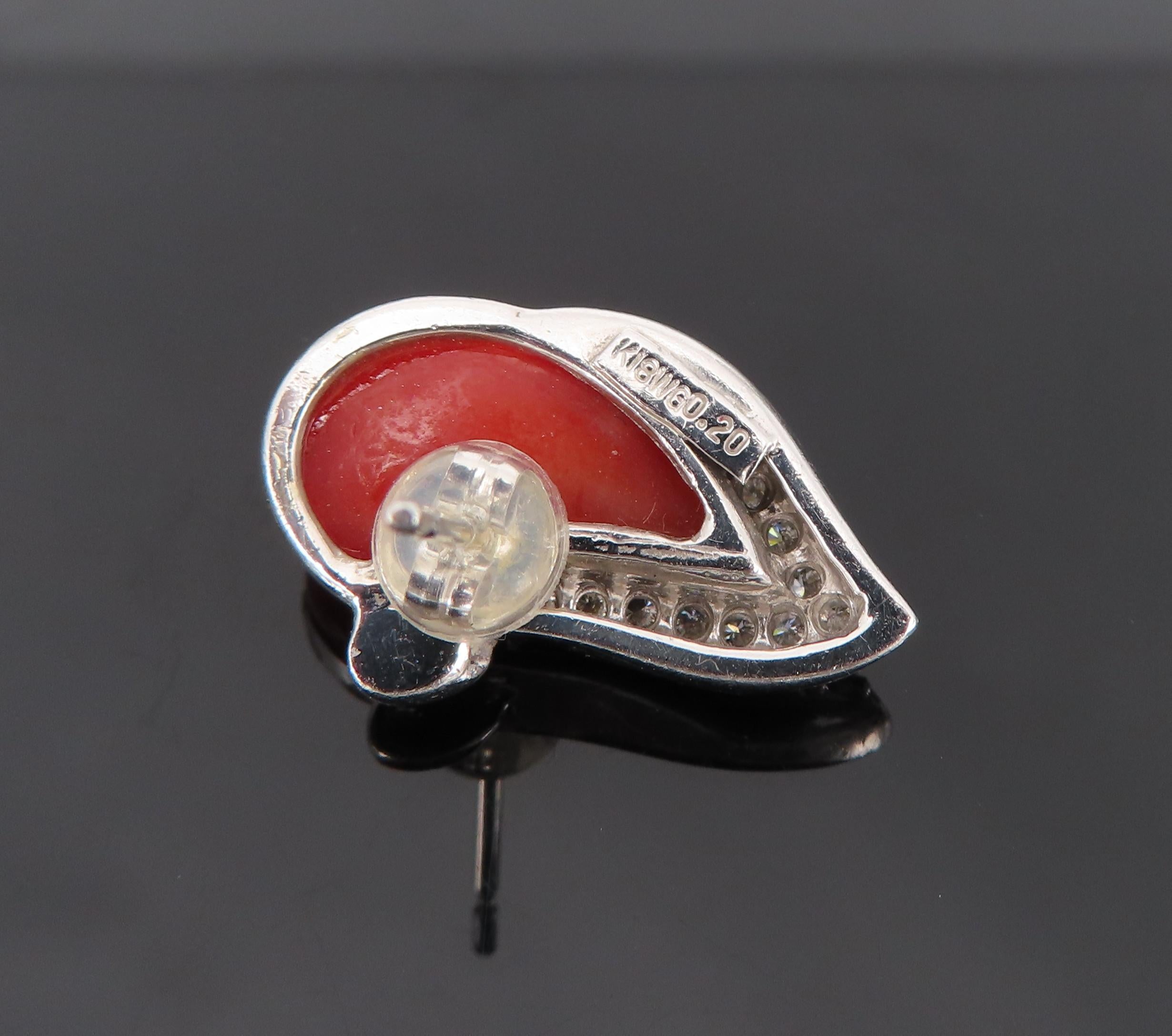 Vintage Natural Ox Blood Coral & 0.40ct Diamond 18K White Gold Flame Earrings