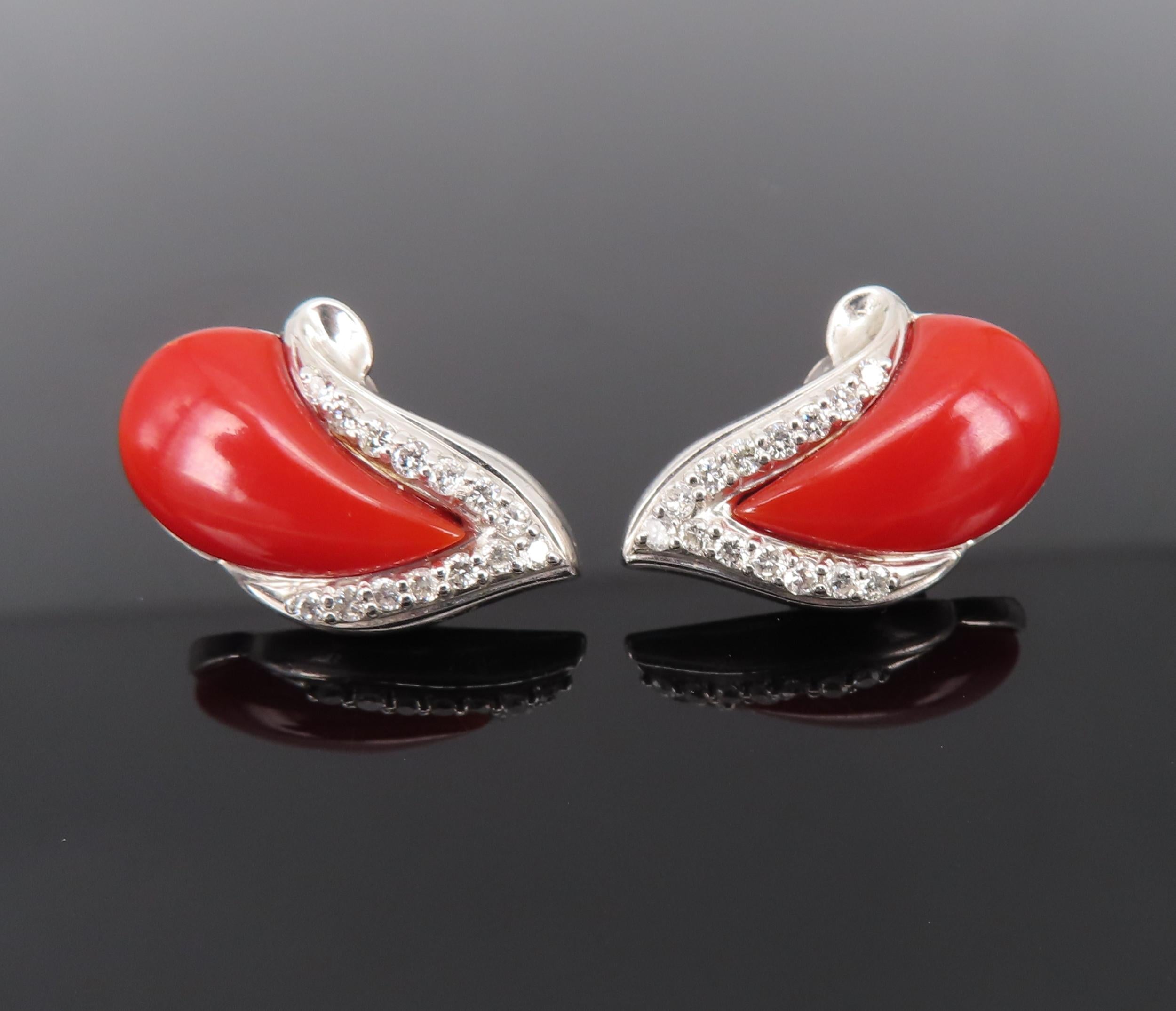 Vintage Natural Ox Blood Coral & 0.40ct Diamond 18K White Gold Flame Earrings