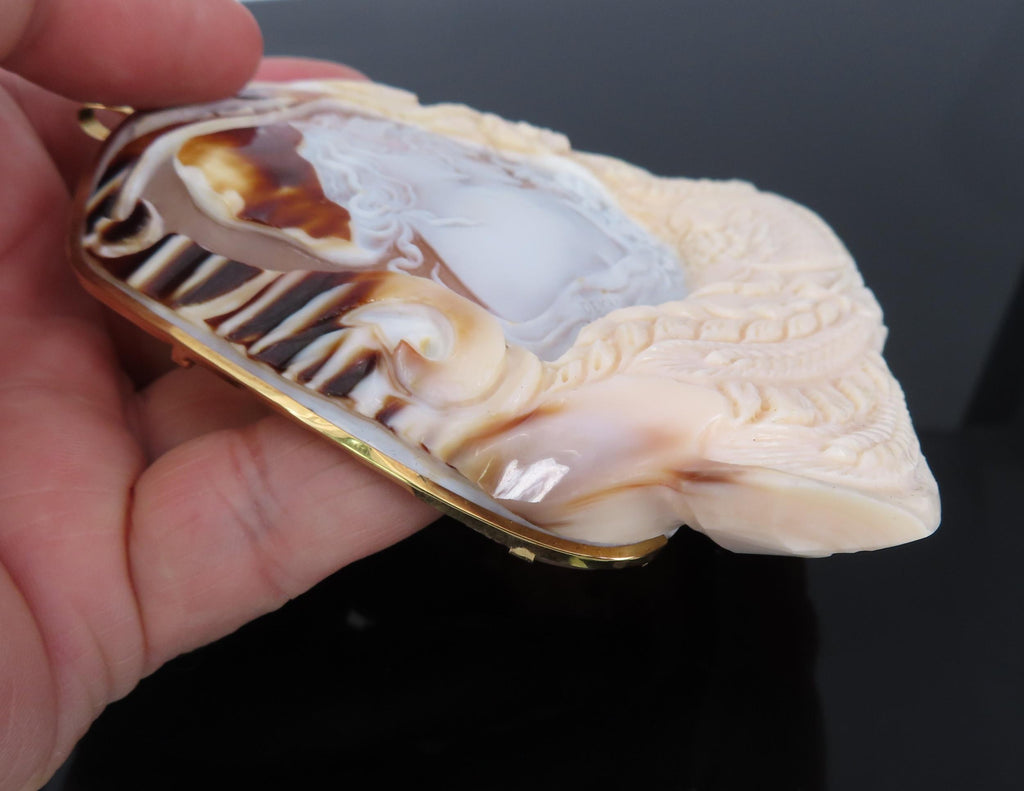 Vintage 92x90mm Hand Carved Shell Cameo 18K Yellow Gold Pendant Brooch 80.2g