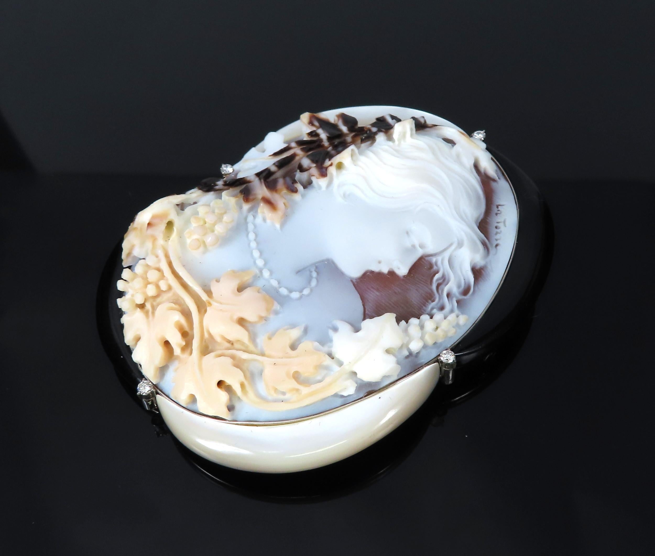 Fine 0.15ct Diamond 71x55mm Shell Cameo MOP Onyx Platinum Pendant Brooch