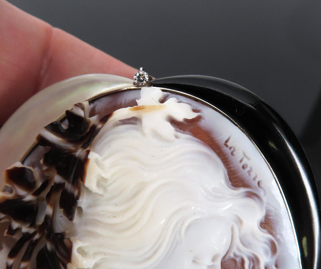 Fine 0.15ct Diamond 71x55mm Shell Cameo MOP Onyx Platinum Pendant Brooch