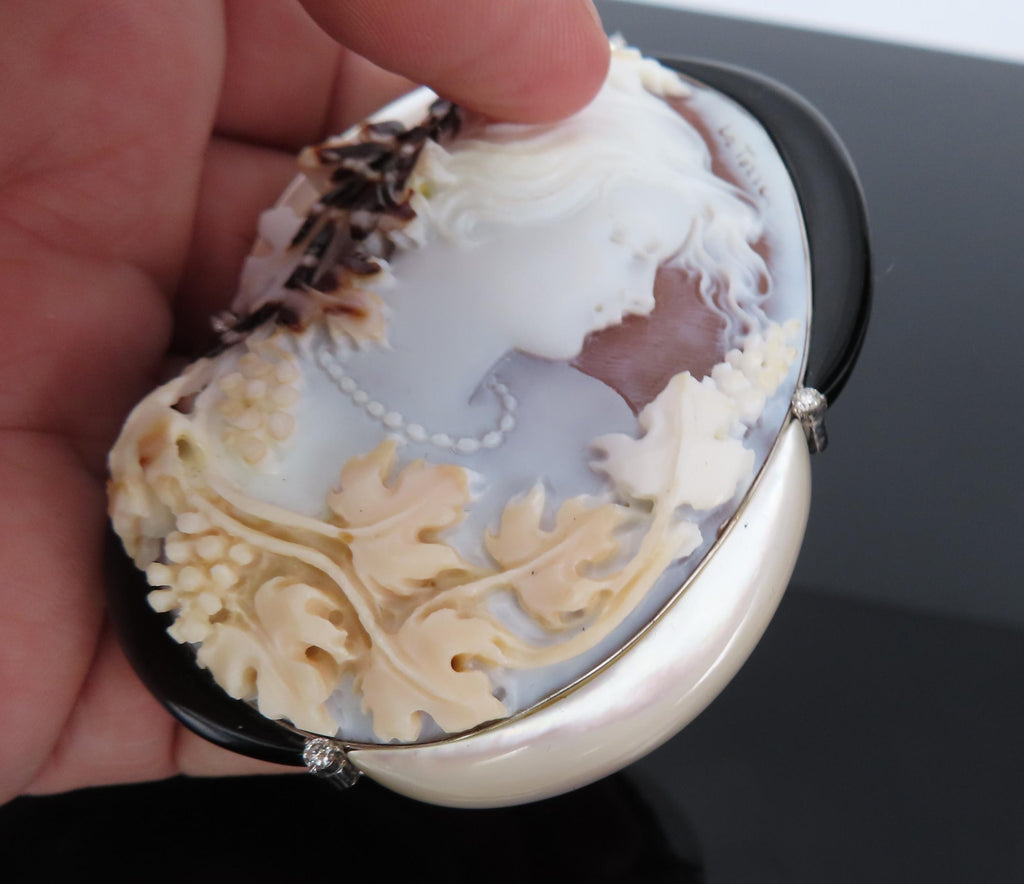 Fine 0.15ct Diamond 71x55mm Shell Cameo MOP Onyx Platinum Pendant Brooch