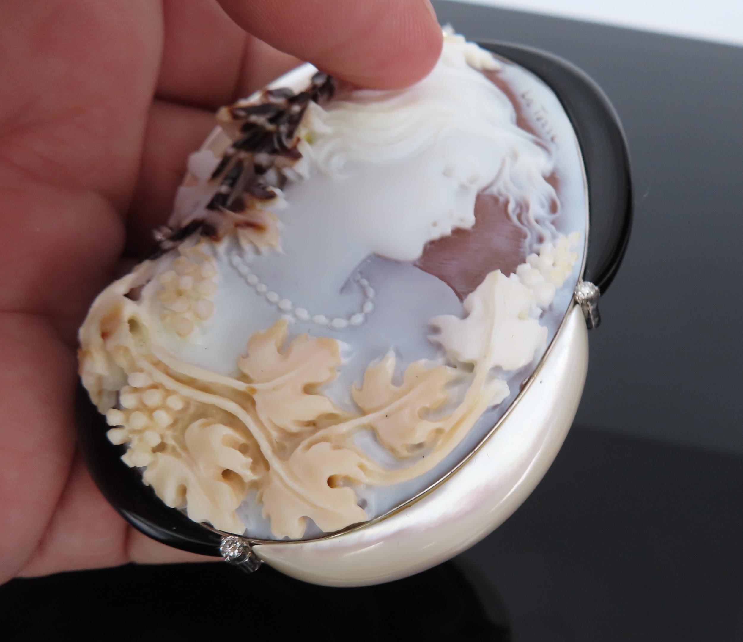 Fine 0.15ct Diamond 71x55mm Shell Cameo MOP Onyx Platinum Pendant Brooch