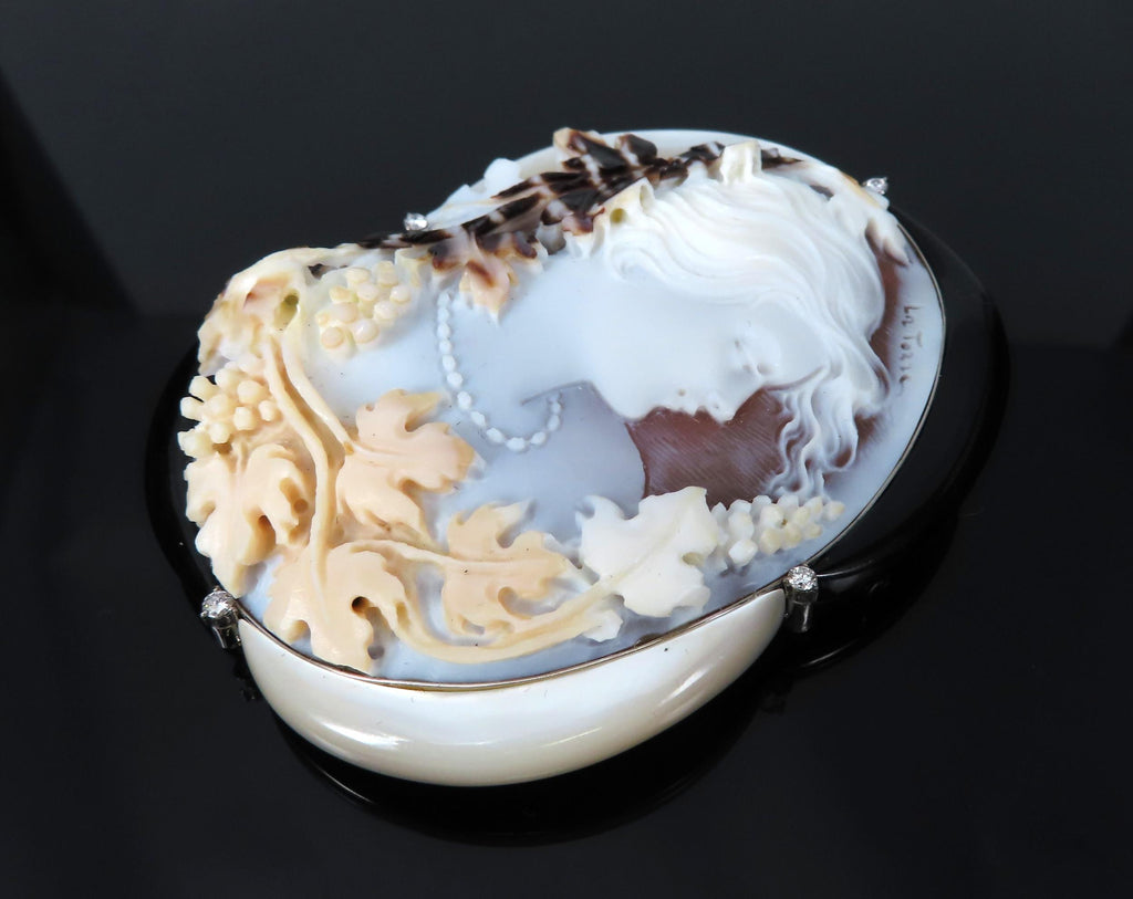 Fine 0.15ct Diamond 71x55mm Shell Cameo MOP Onyx Platinum Pendant Brooch