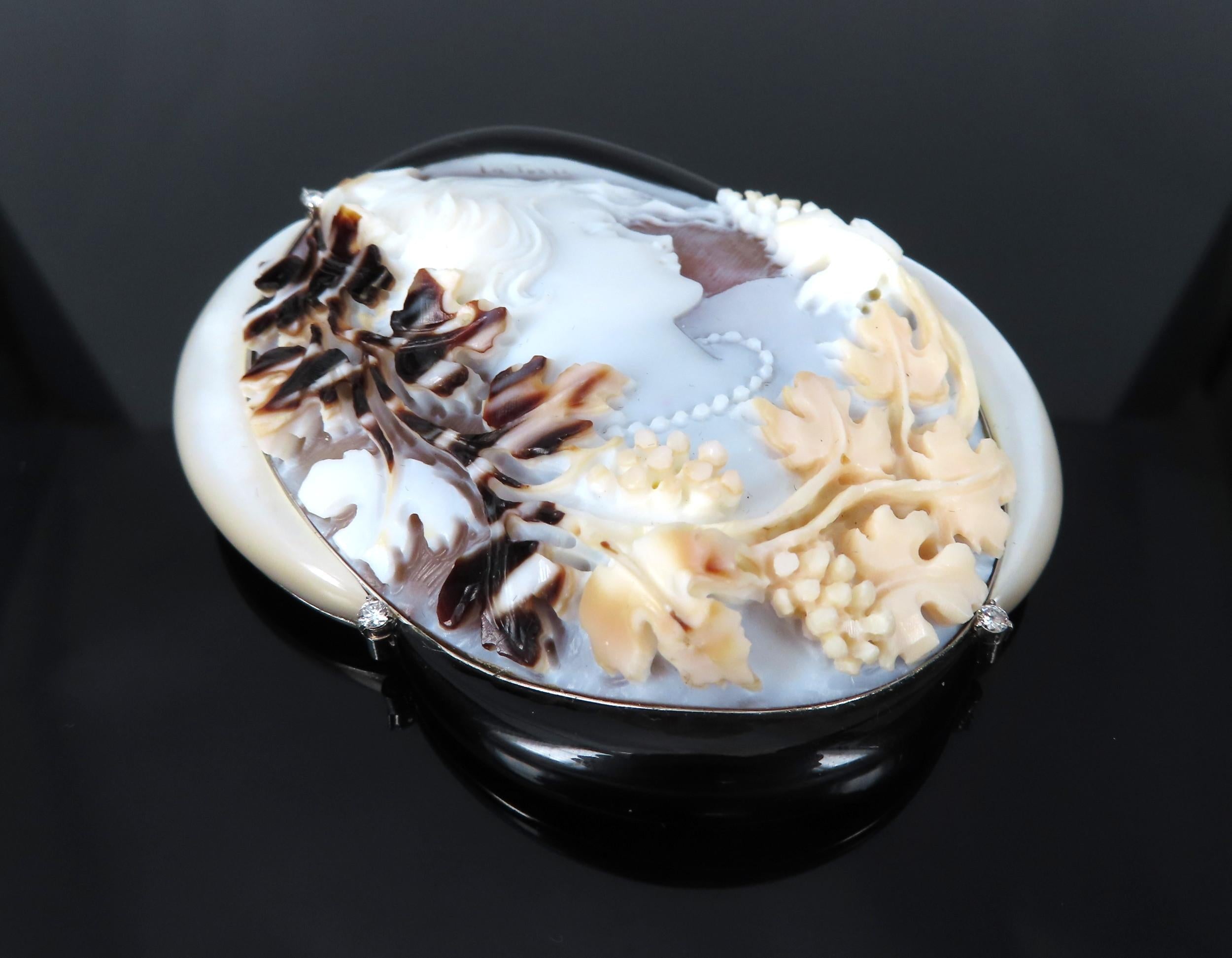 Fine 0.15ct Diamond 71x55mm Shell Cameo MOP Onyx Platinum Pendant Brooch