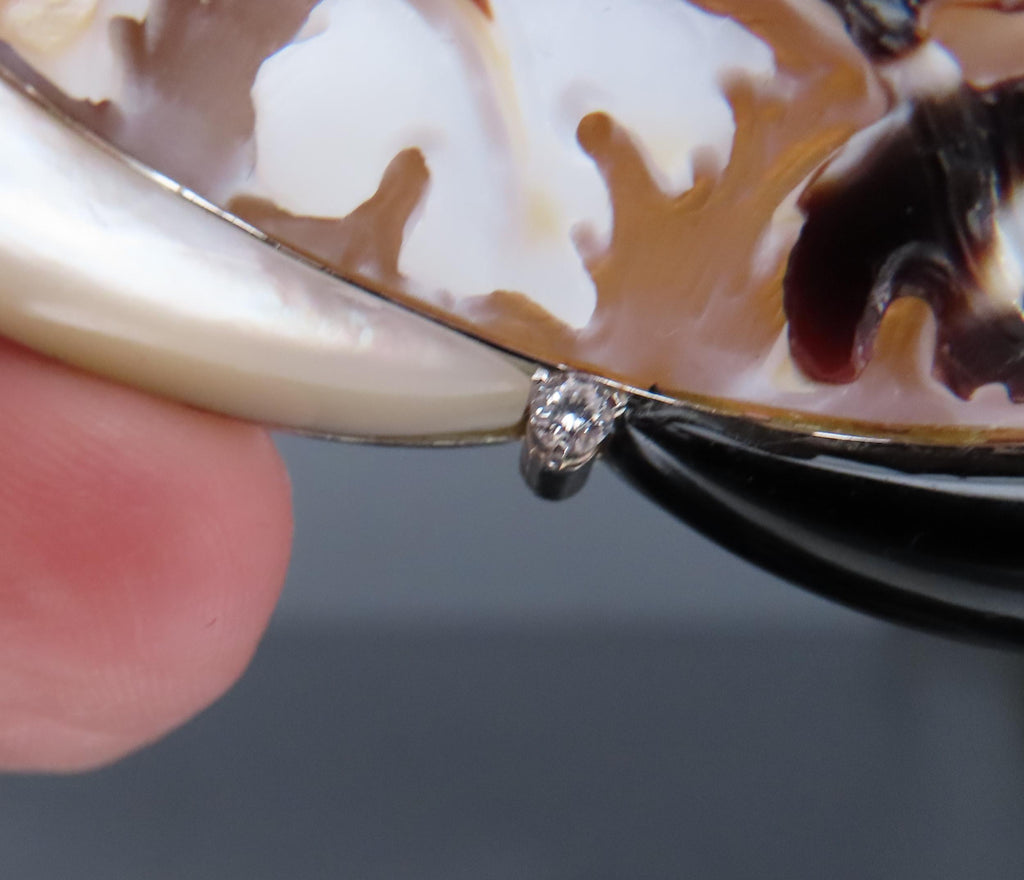 Fine 0.15ct Diamond 71x55mm Shell Cameo MOP Onyx Platinum Pendant Brooch