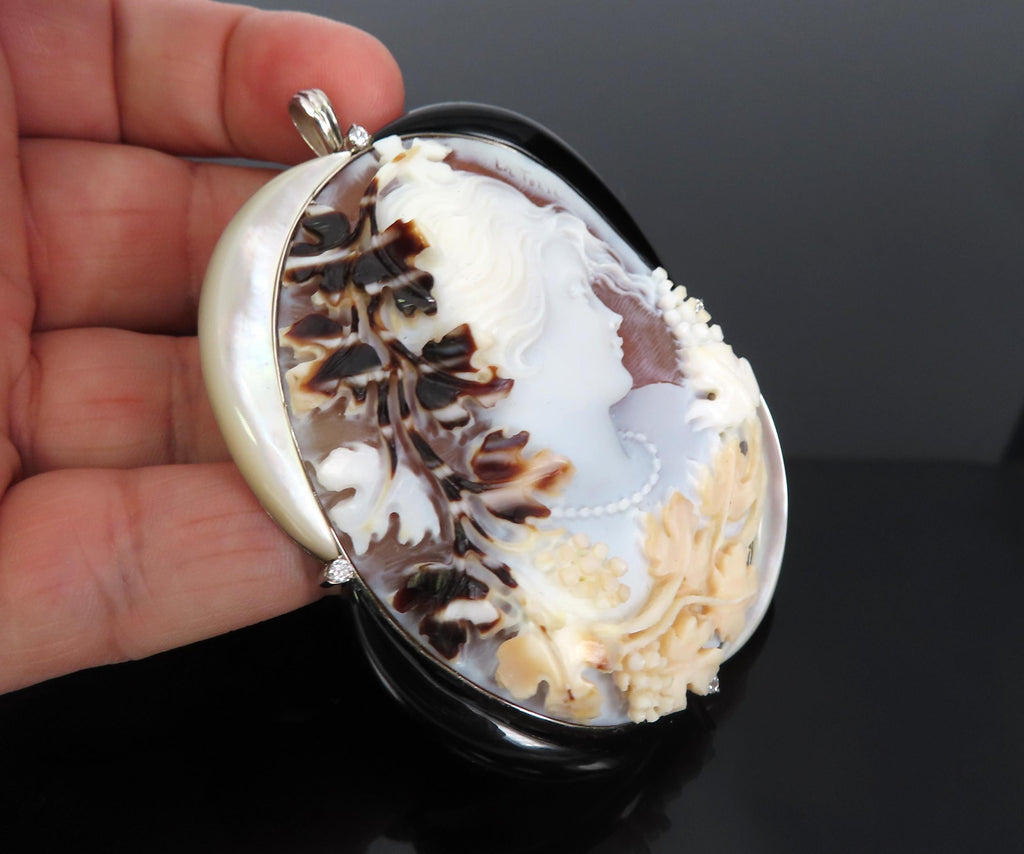 Fine 0.15ct Diamond 71x55mm Shell Cameo MOP Onyx Platinum Pendant Brooch