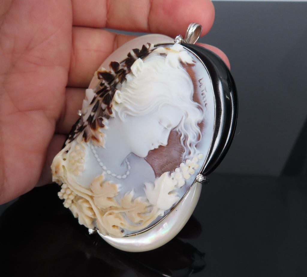 Fine 0.15ct Diamond 71x55mm Shell Cameo MOP Onyx Platinum Pendant Brooch