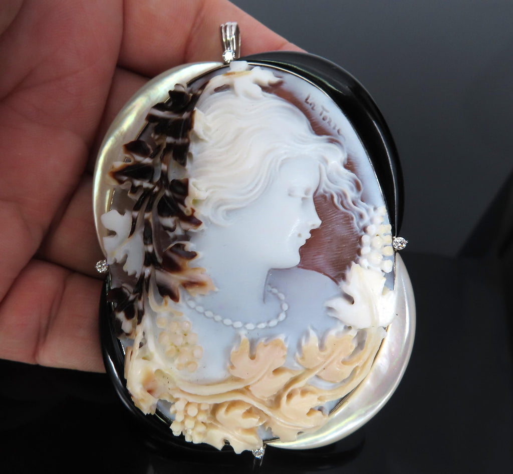 Fine 0.15ct Diamond 71x55mm Shell Cameo MOP Onyx Platinum Pendant Brooch