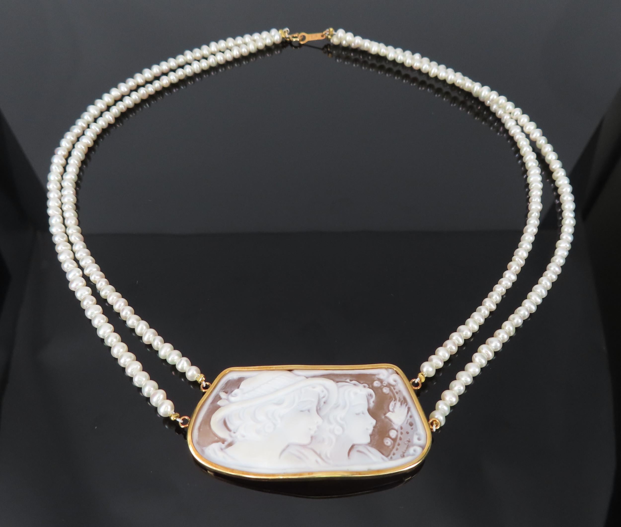 Vintage 50x26mm Hand Carved Shell Cameo & Pearl 18K Yellow Gold Necklace 19.9g