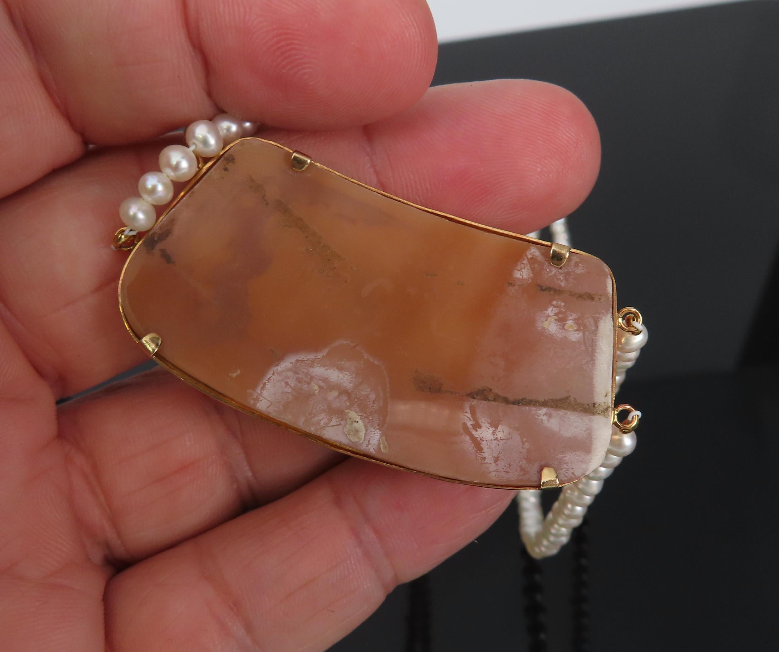 Vintage 50x26mm Hand Carved Shell Cameo & Pearl 18K Yellow Gold Necklace 19.9g