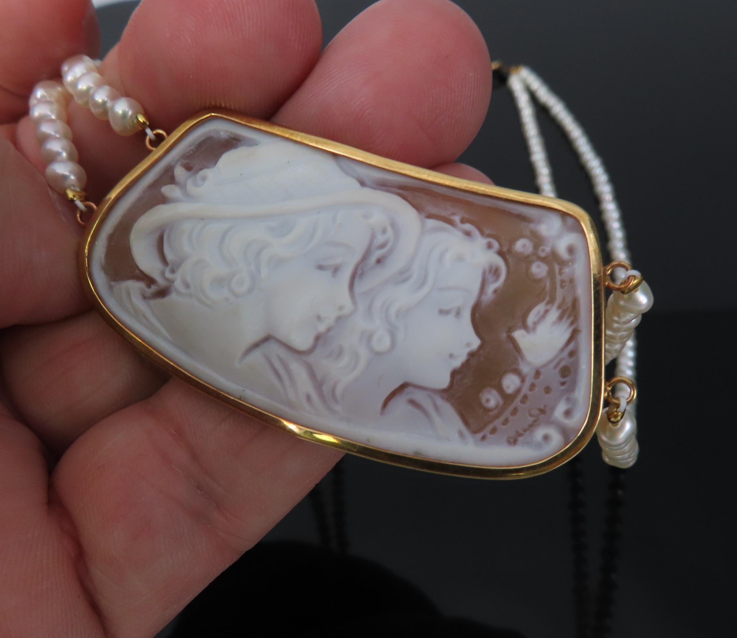 Vintage 50x26mm Hand Carved Shell Cameo & Pearl 18K Yellow Gold Necklace 19.9g