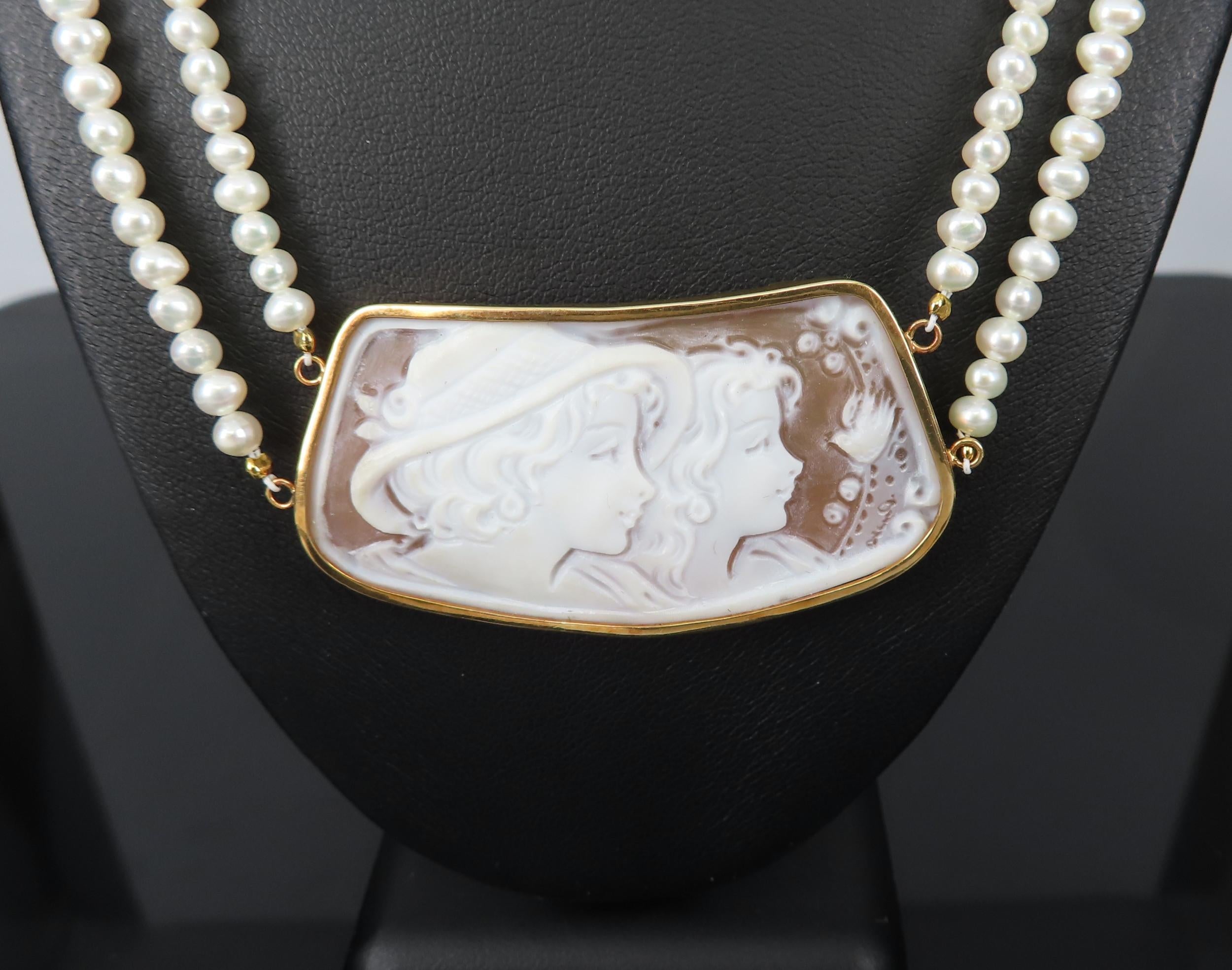 Vintage 50x26mm Hand Carved Shell Cameo & Pearl 18K Yellow Gold Necklace 19.9g