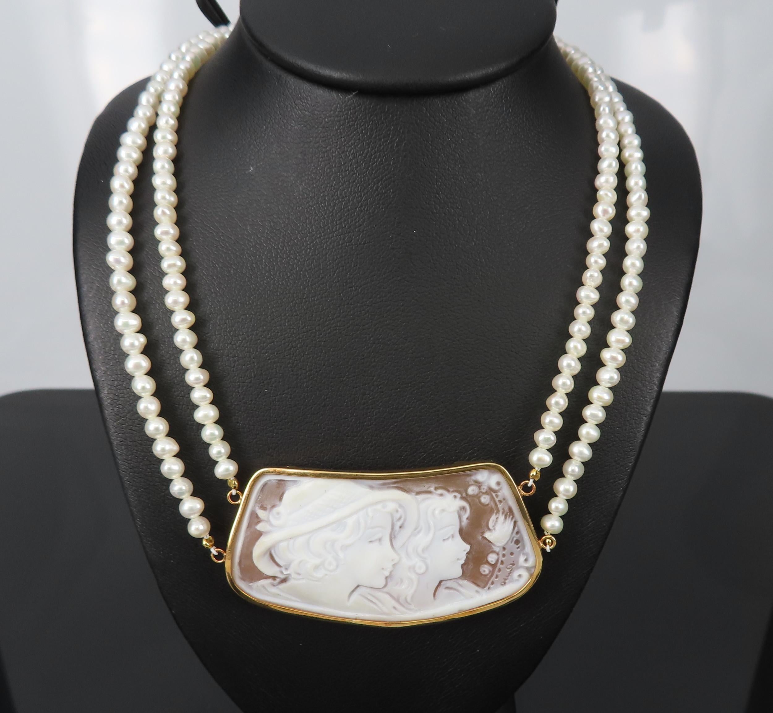 Vintage 50x26mm Hand Carved Shell Cameo & Pearl 18K Yellow Gold Necklace 19.9g