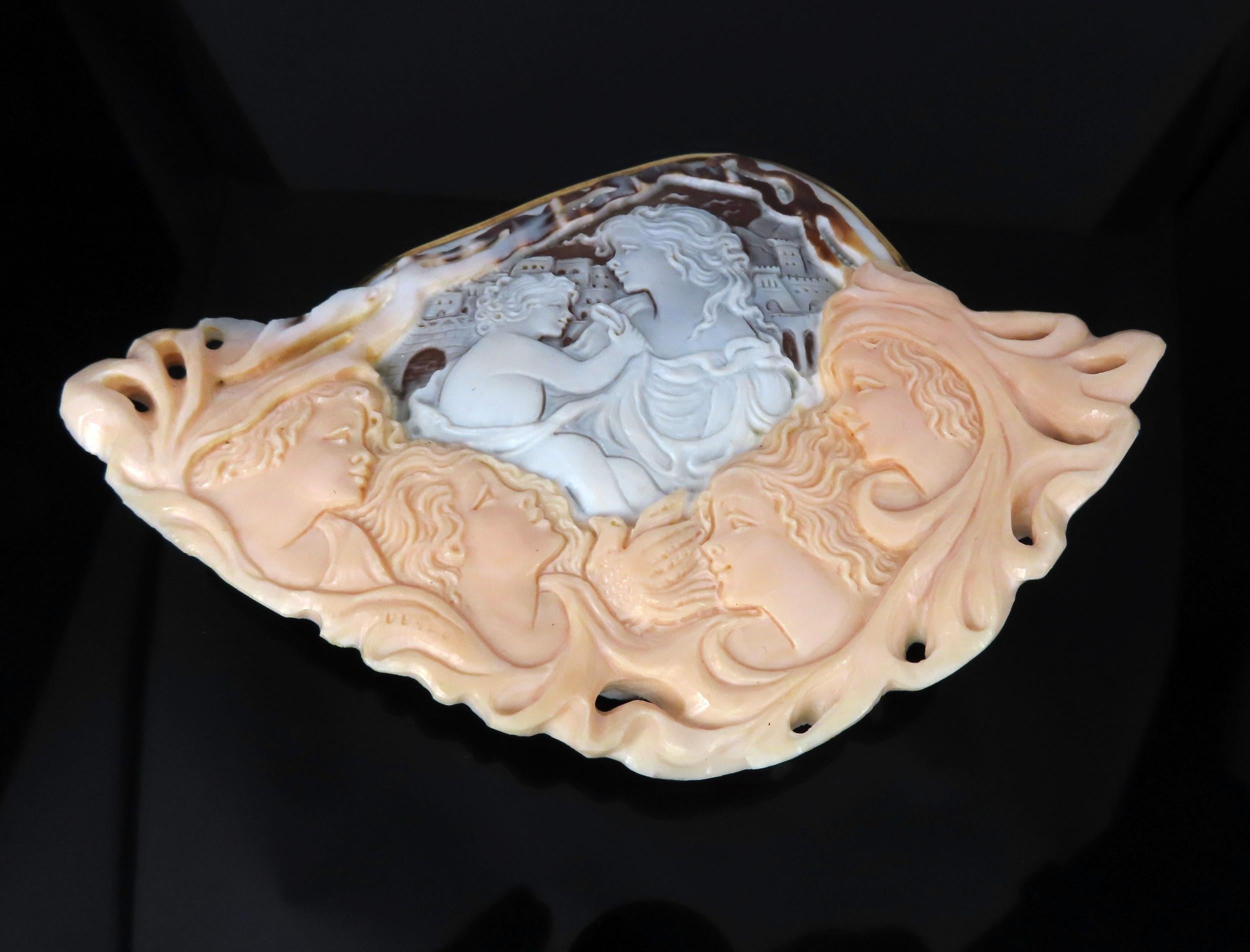 Gigantic Masterpiece 4x5.5 Inch Shell Cameo 18K Yellow Gold Pendant Brooch 110g