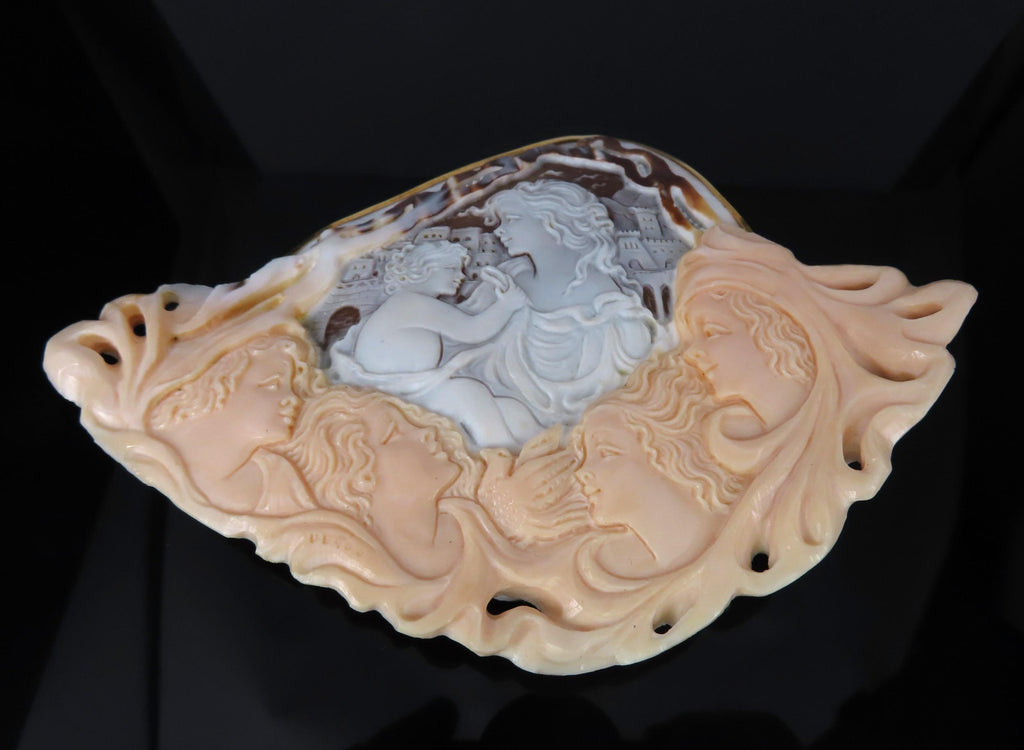 Gigantic Masterpiece 4x5.5 Inch Shell Cameo 18K Yellow Gold Pendant Brooch 110g