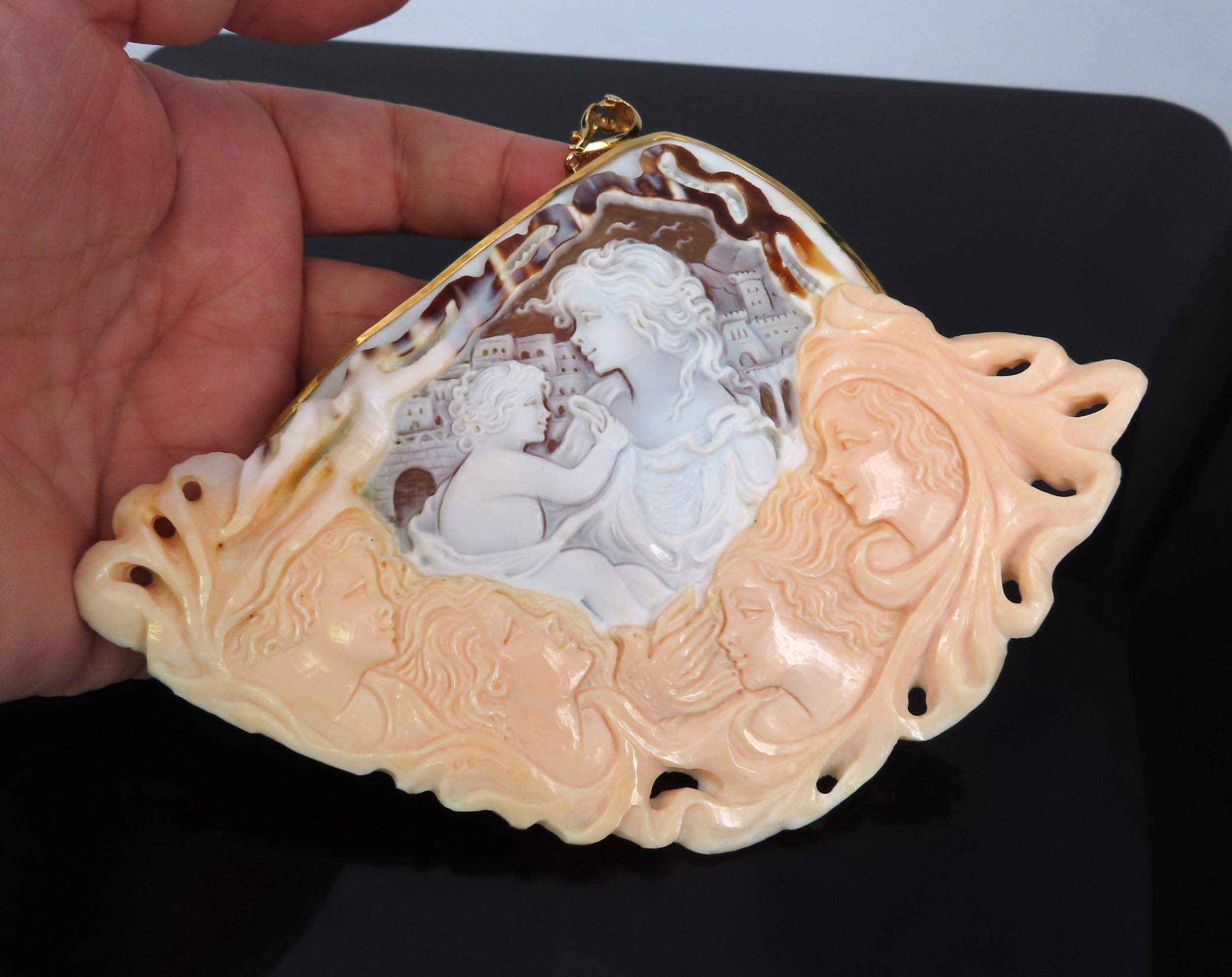 Gigantic Masterpiece 4x5.5 Inch Shell Cameo 18K Yellow Gold Pendant Brooch 110g