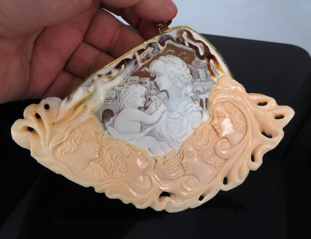 Gigantic Masterpiece 4x5.5 Inch Shell Cameo 18K Yellow Gold Pendant Brooch 110g