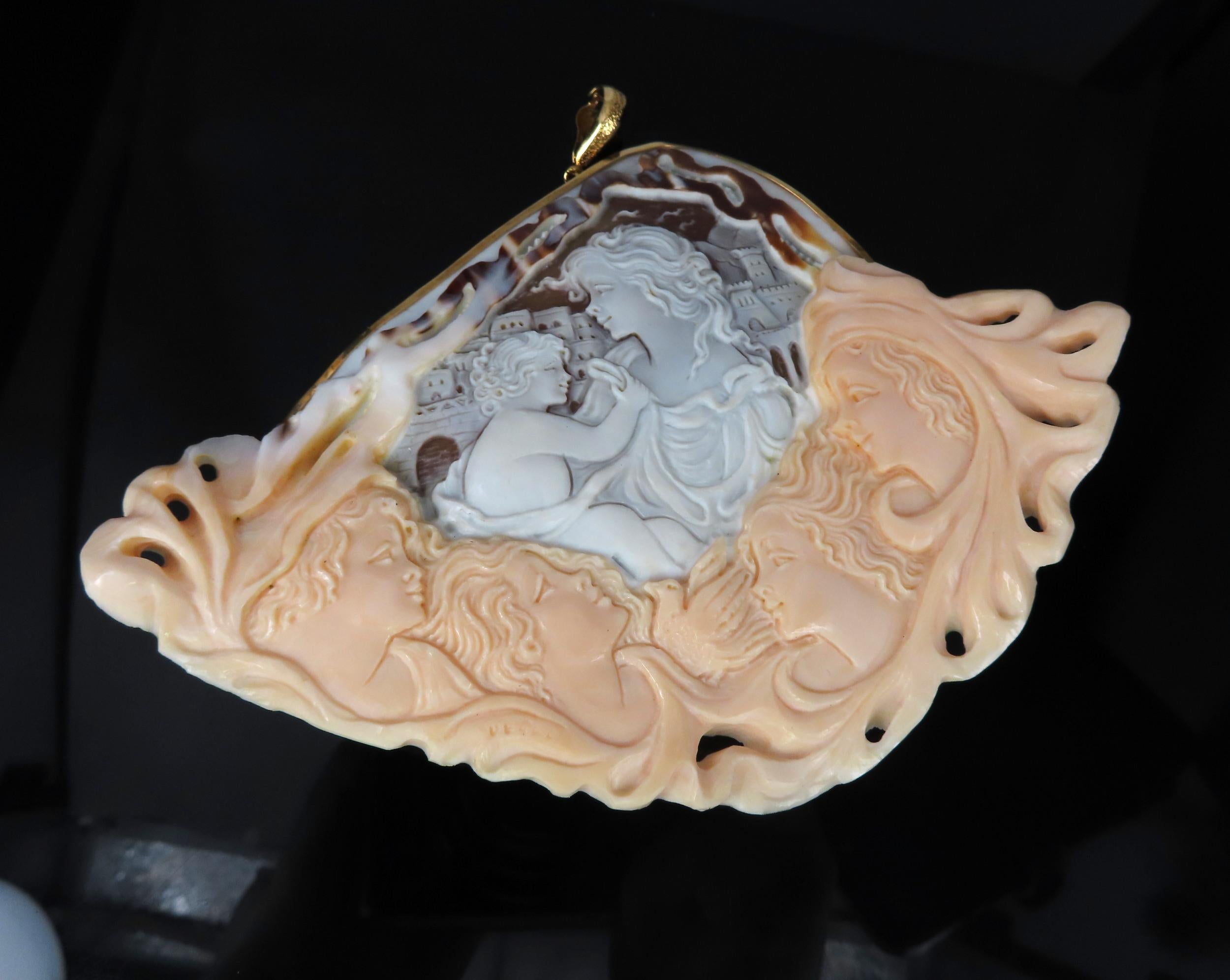Gigantic Masterpiece 4x5.5 Inch Shell Cameo 18K Yellow Gold Pendant Brooch 110g