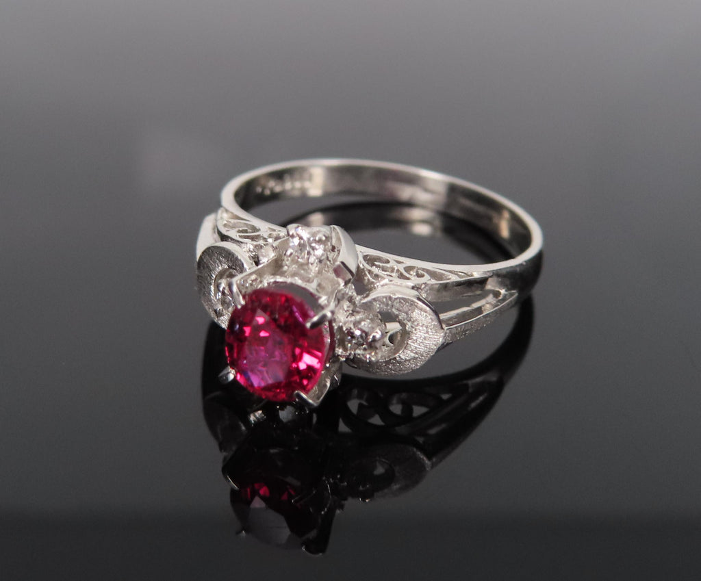 Vintage 0.57ct Ruby & 0.08ct Diamond Platinum Handmade Ring, Size 6.25