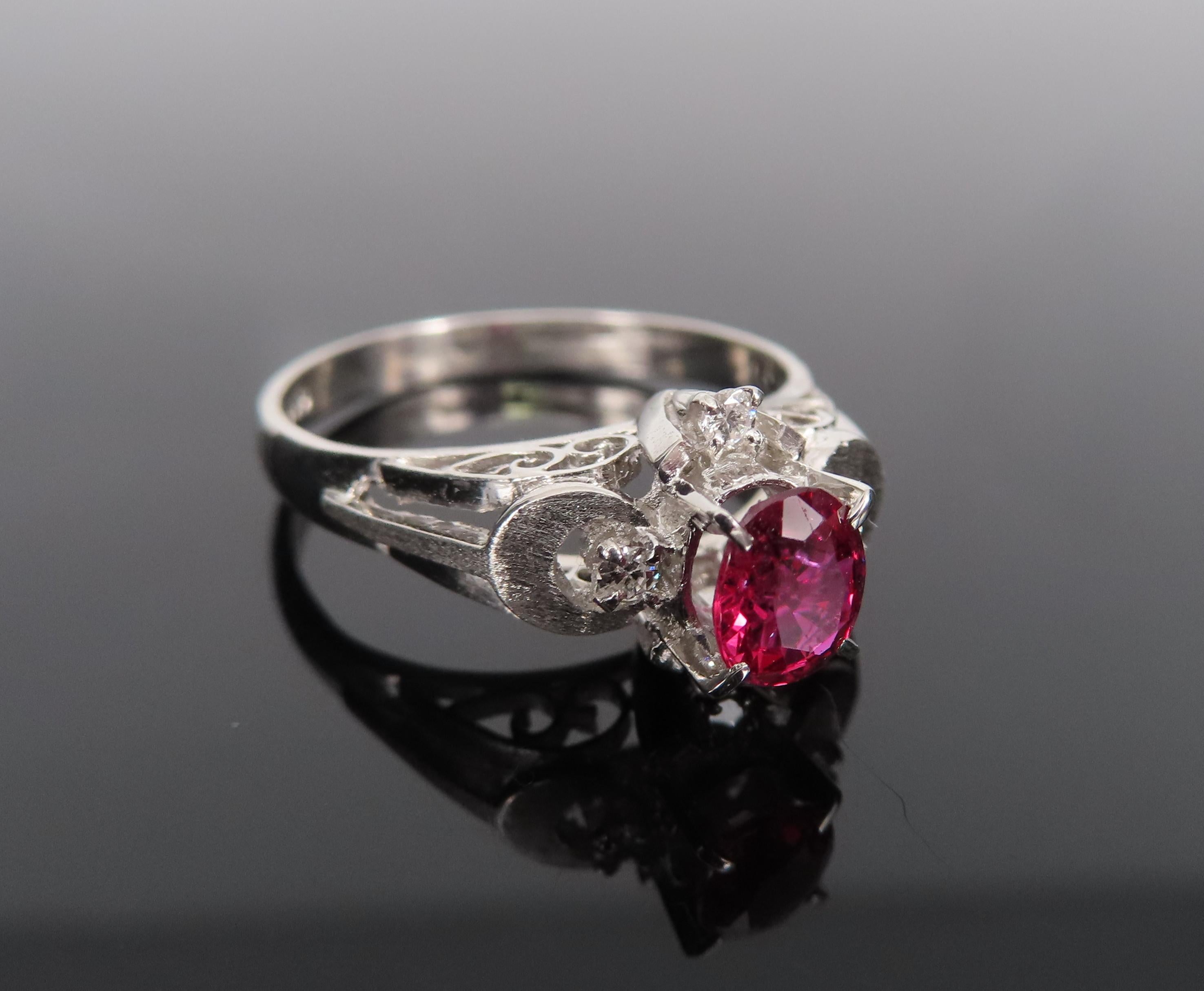 Vintage 0.57ct Ruby & 0.08ct Diamond Platinum Handmade Ring, Size 6.25