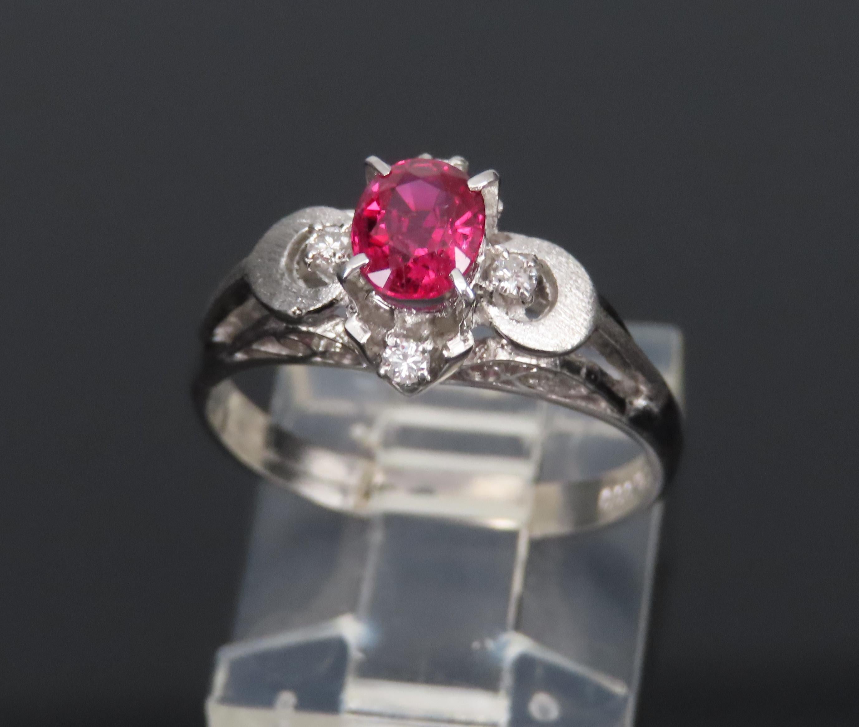 Vintage 0.57ct Ruby & 0.08ct Diamond Platinum Handmade Ring, Size 6.25