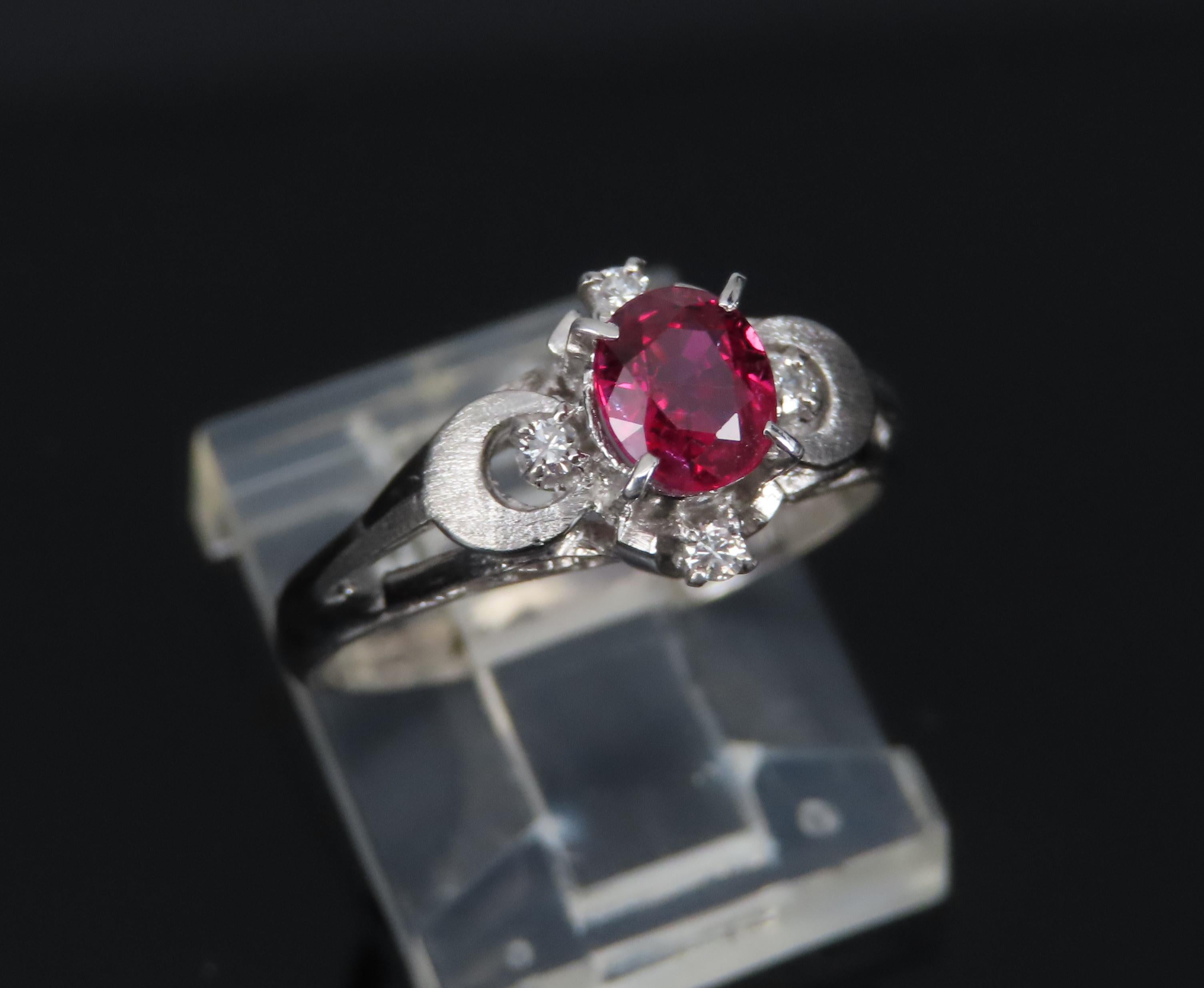 Vintage 0.57ct Ruby & 0.08ct Diamond Platinum Handmade Ring, Size 6.25