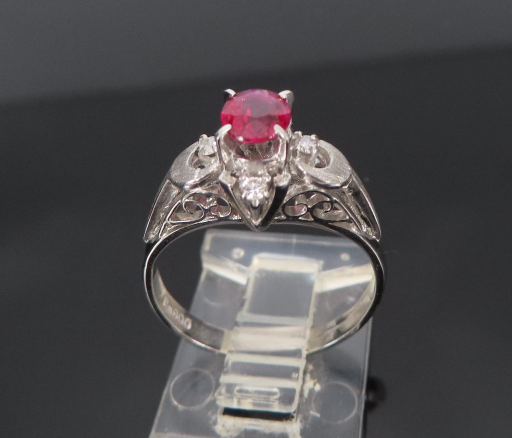 Vintage 0.57ct Ruby & 0.08ct Diamond Platinum Handmade Ring, Size 6.25