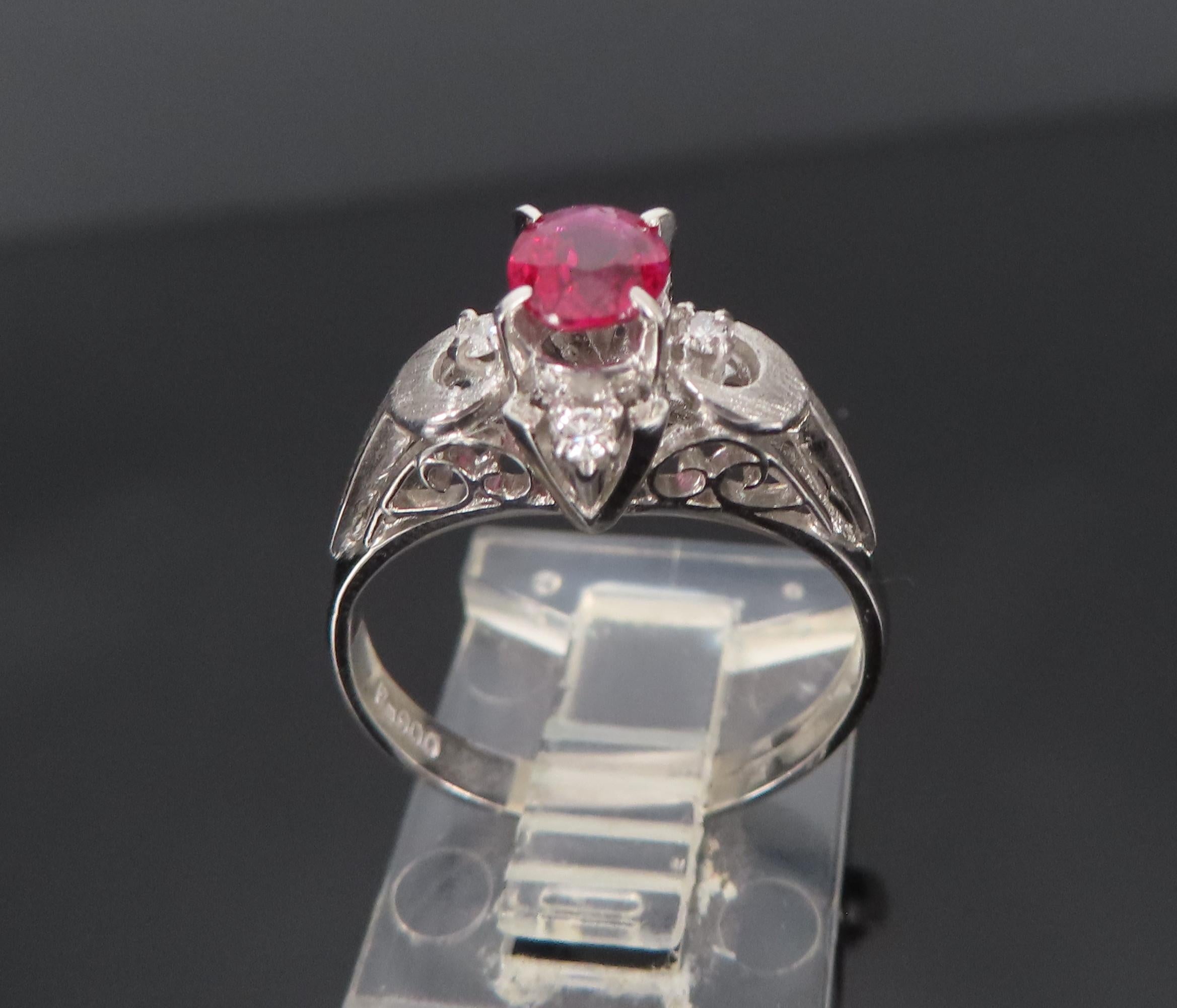 Vintage 0.57ct Ruby & 0.08ct Diamond Platinum Handmade Ring, Size 6.25