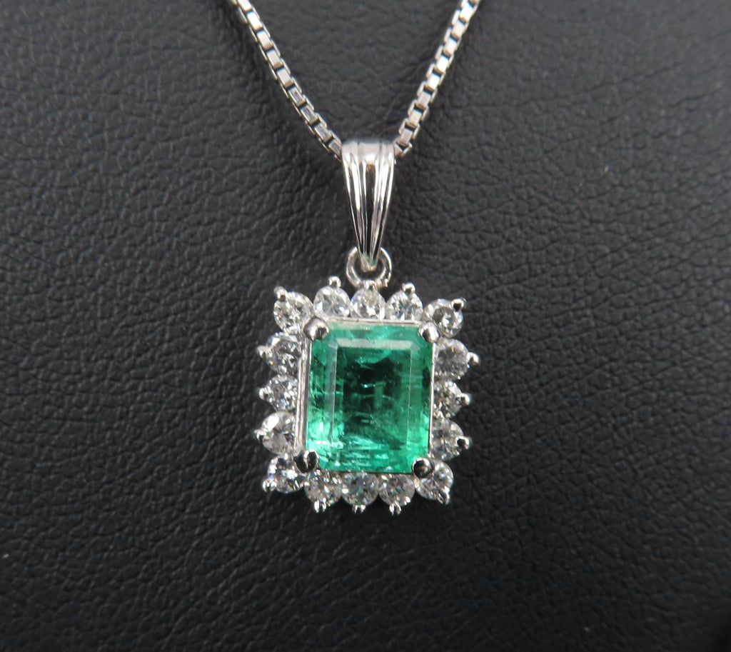Vintage 1.44ct Colombian Emerald Cut Emerald 0.50ct Diamond Platinum Necklace