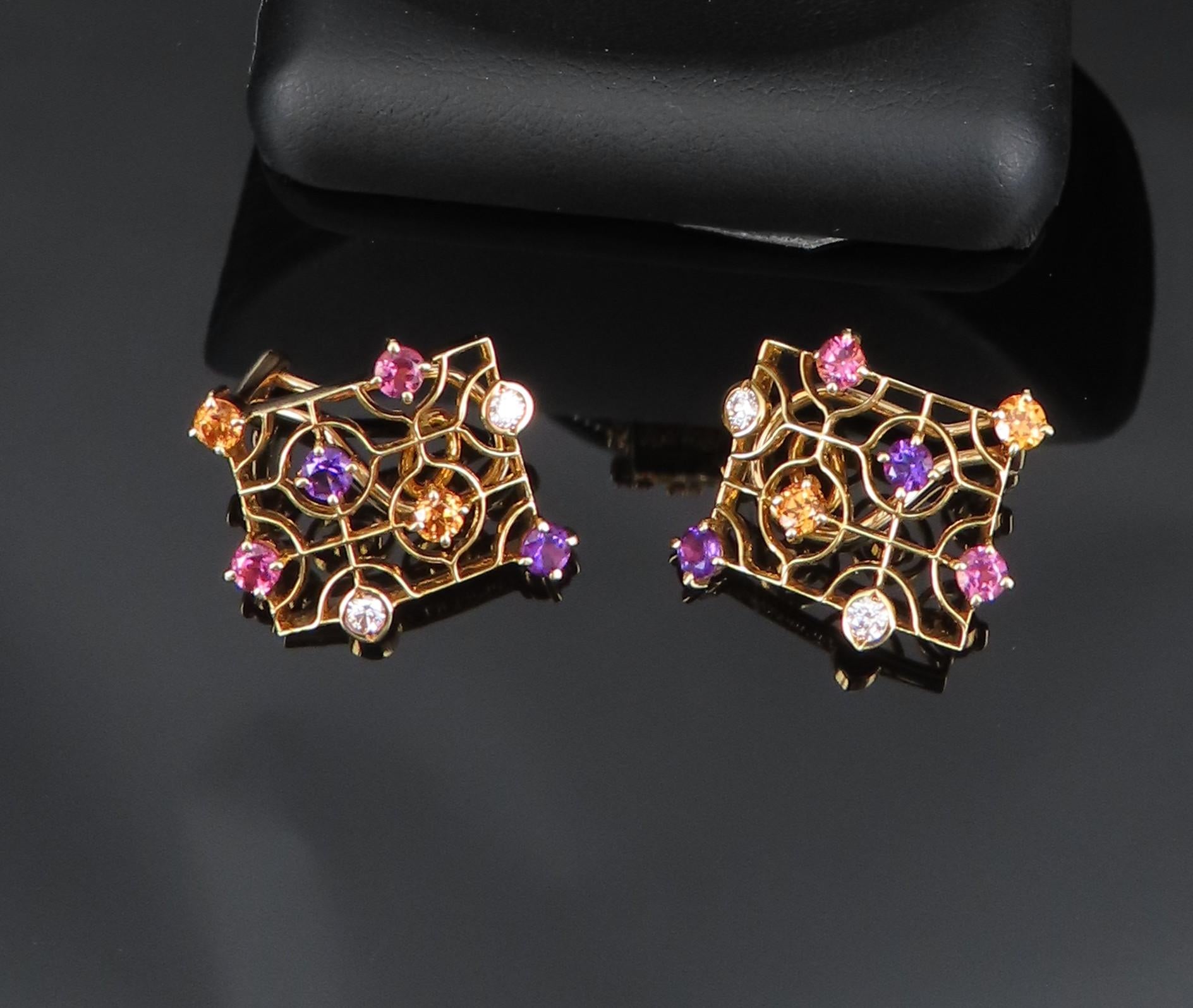 Mikimoto 0.14ct Diamond 0.60ct Multi Color Sapphire 18K Yellow Gold Earrings