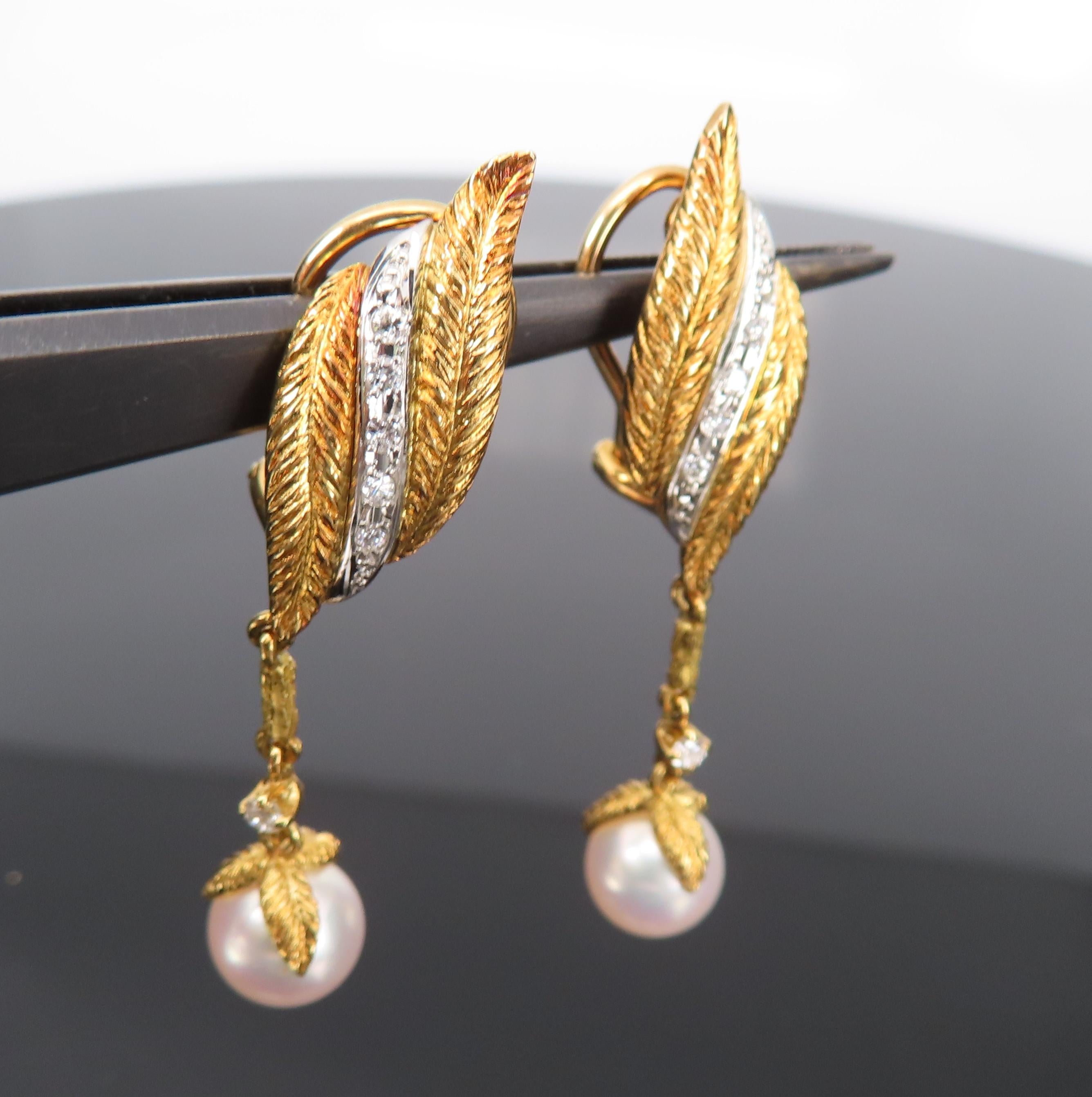 Mikimoto & Ueda 7.8mm Pearl 0.20ct Diamond Platinum 18K Gold Handmade Earrings