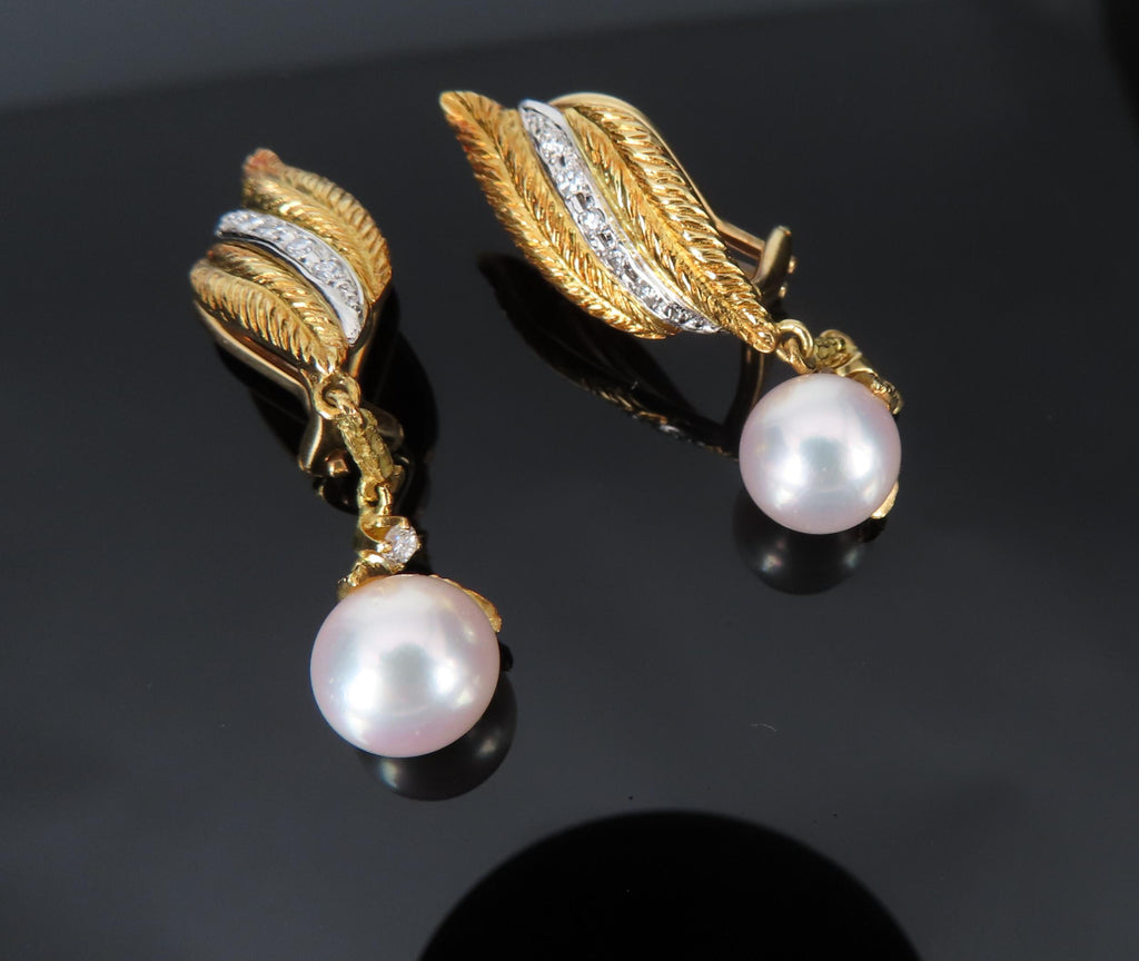 Mikimoto & Ueda 7.8mm Pearl 0.20ct Diamond Platinum 18K Gold Handmade Earrings
