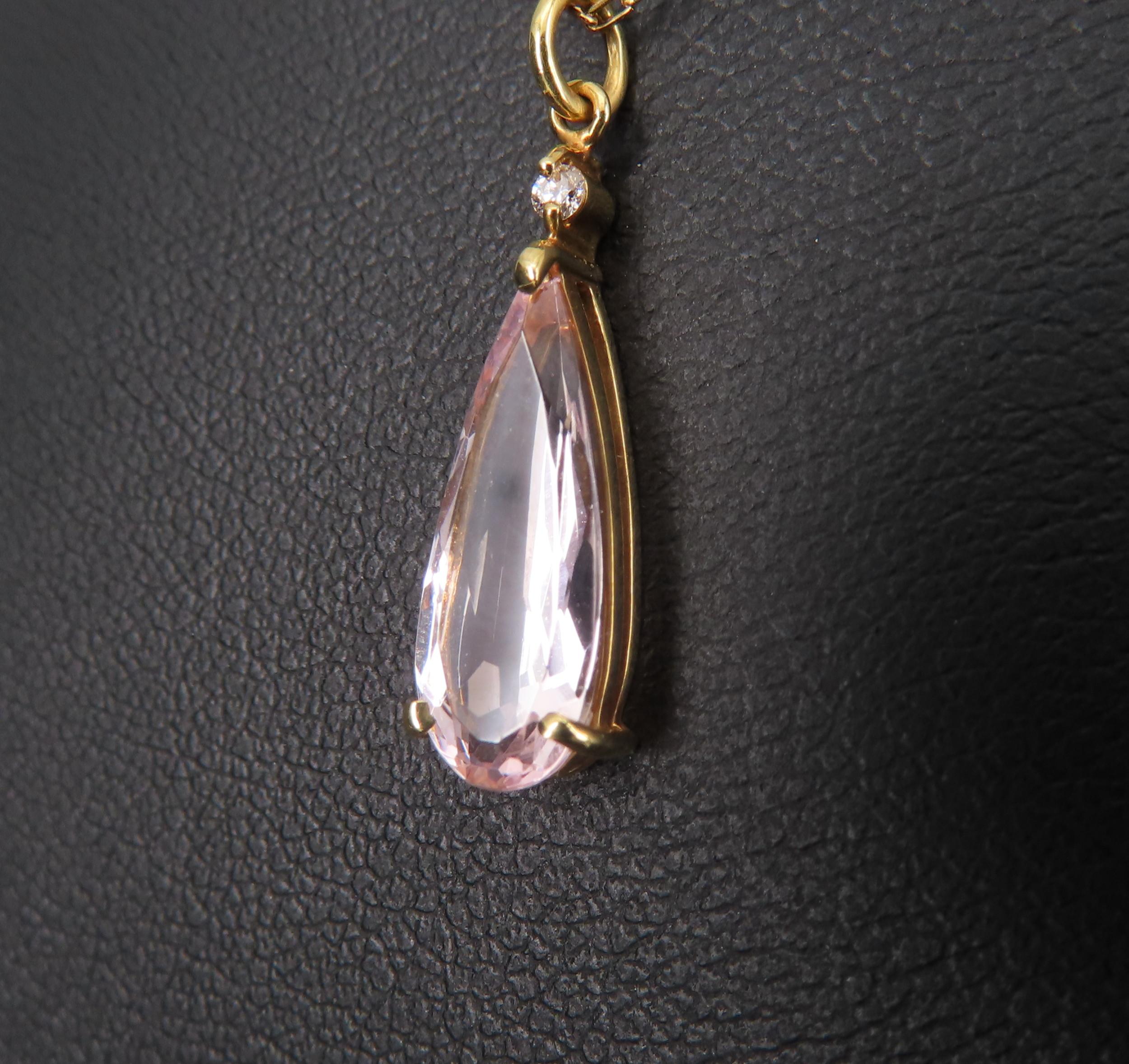 Vintage 1.11ct Natural Morganite & 0.01ct Diamond 18K Yellow Gold Necklace