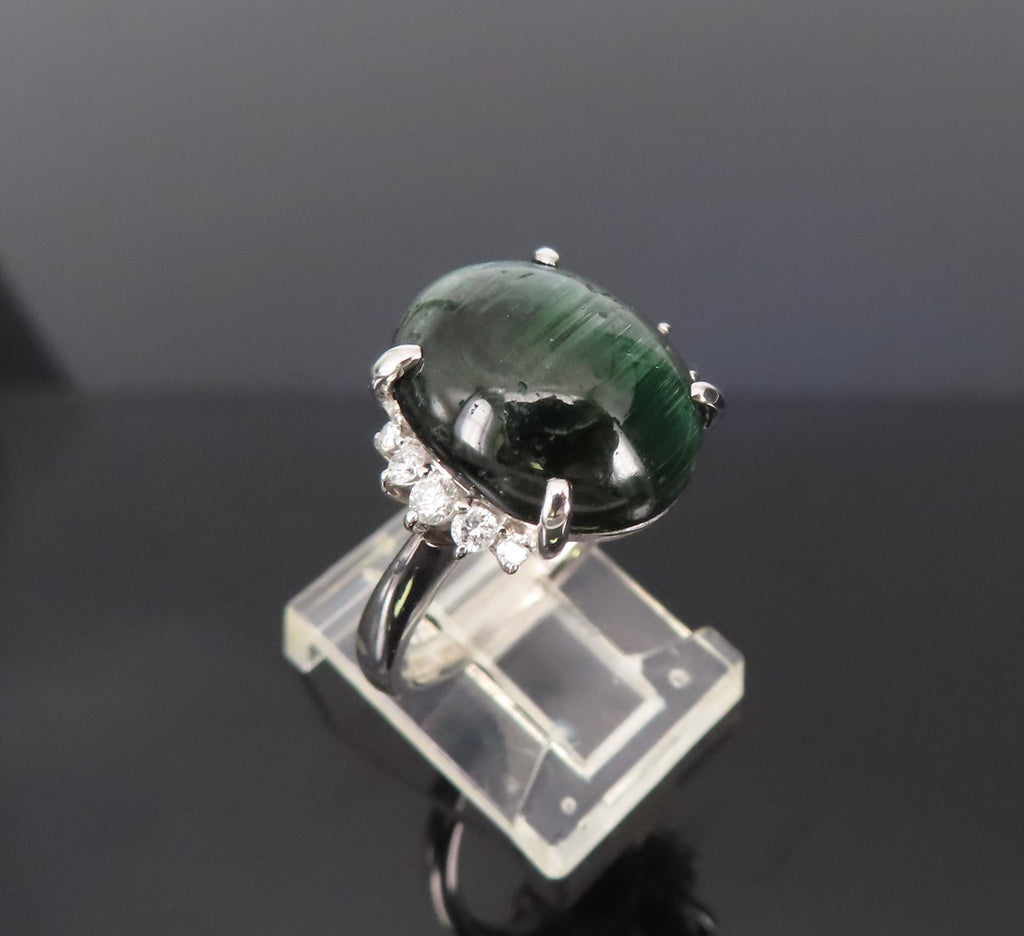 8.05ct Natural Cat's Eye Green Tourmaline 0.26ct Diamond Platinum Ring Size 6.75