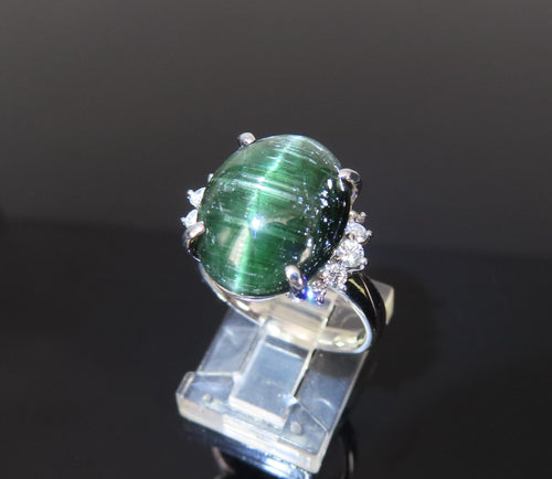 8.05ct Natural Cat's Eye Green Tourmaline 0.26ct Diamond Platinum Ring Size 6.75