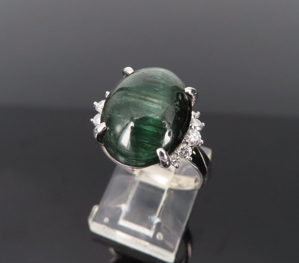8.05ct Natural Cat's Eye Green Tourmaline 0.26ct Diamond Platinum Ring Size 6.75