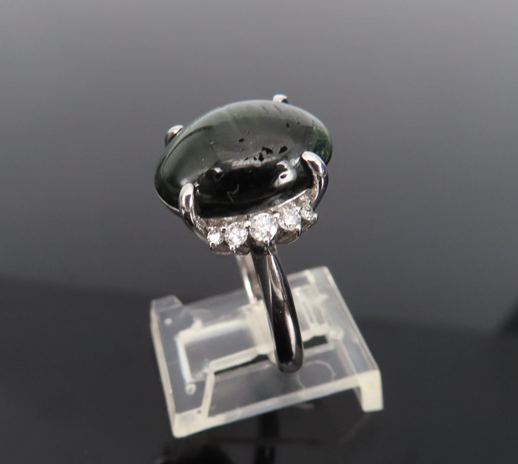 8.05ct Natural Cat's Eye Green Tourmaline 0.26ct Diamond Platinum Ring Size 6.75