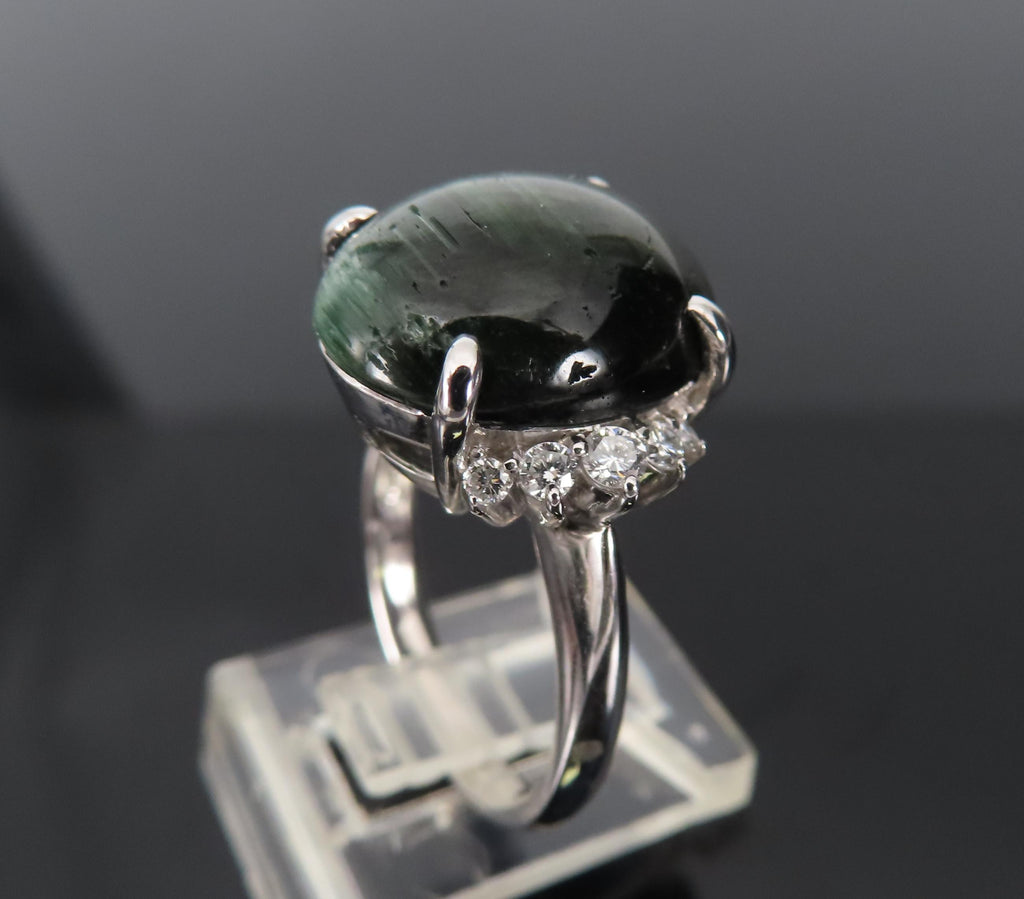 8.05ct Natural Cat's Eye Green Tourmaline 0.26ct Diamond Platinum Ring Size 6.75